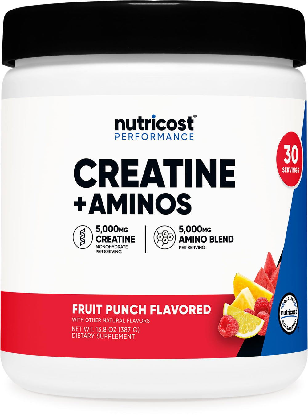 Nutricost Creatine + Aminos Fruit Punch bottle ready for pre- or post-workout fueling