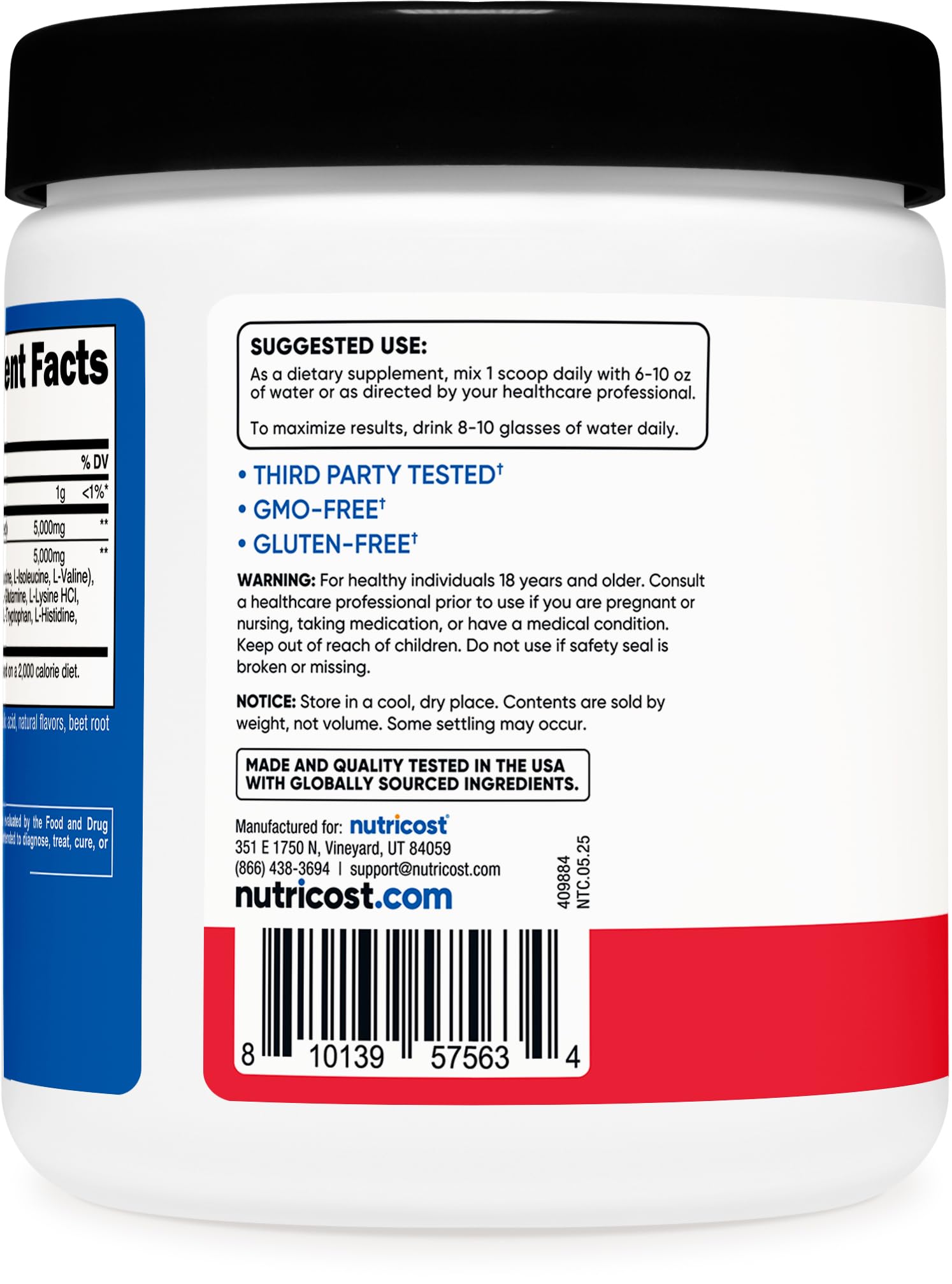 Nutricost Creatine + Aminos glass with powder highlighting clean, gluten-free composition