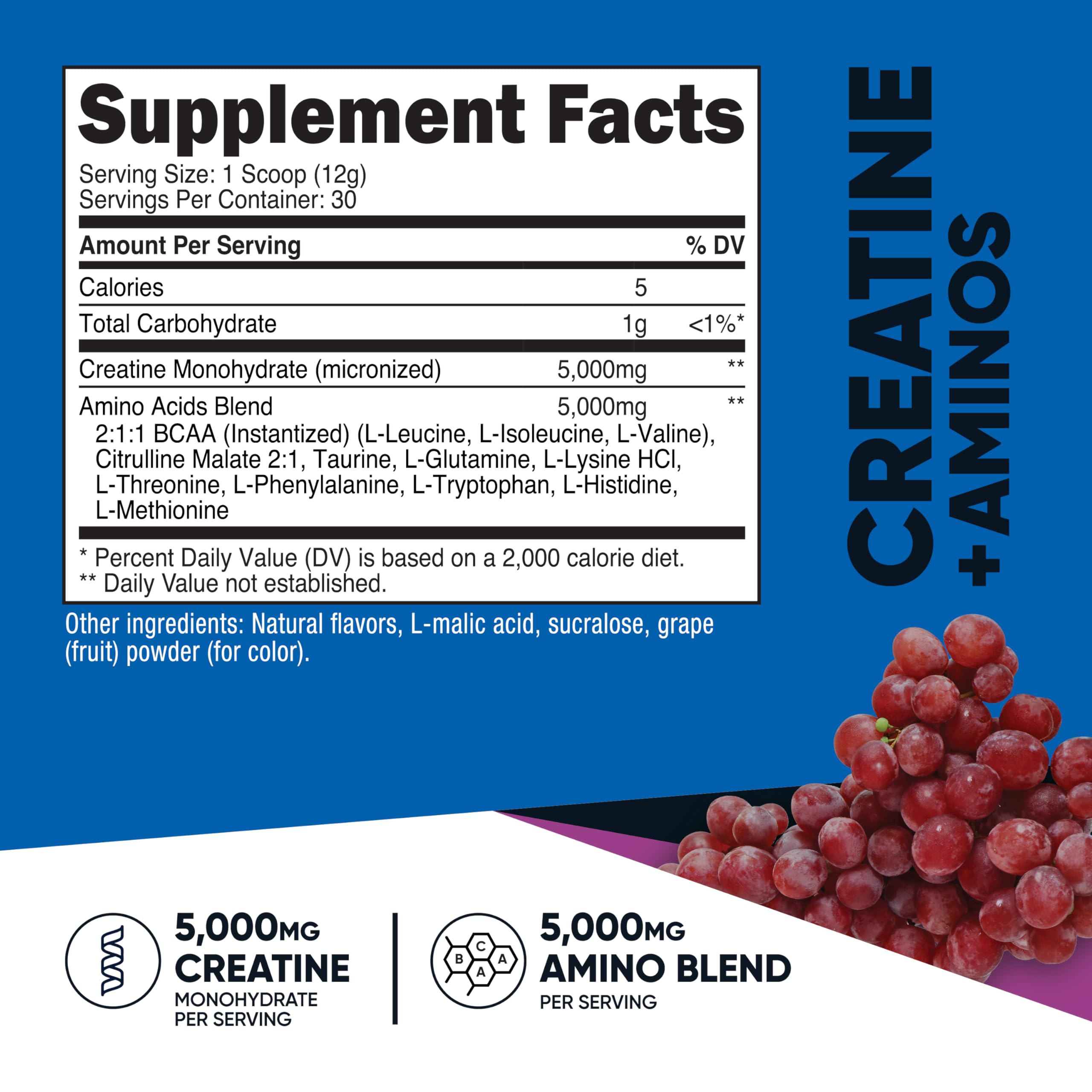 Nutricost Creatine + Aminos grape bottle back reveals ingredients and quality commitments.
