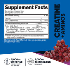 Nutricost Creatine + Aminos grape bottle back reveals ingredients and quality commitments.
