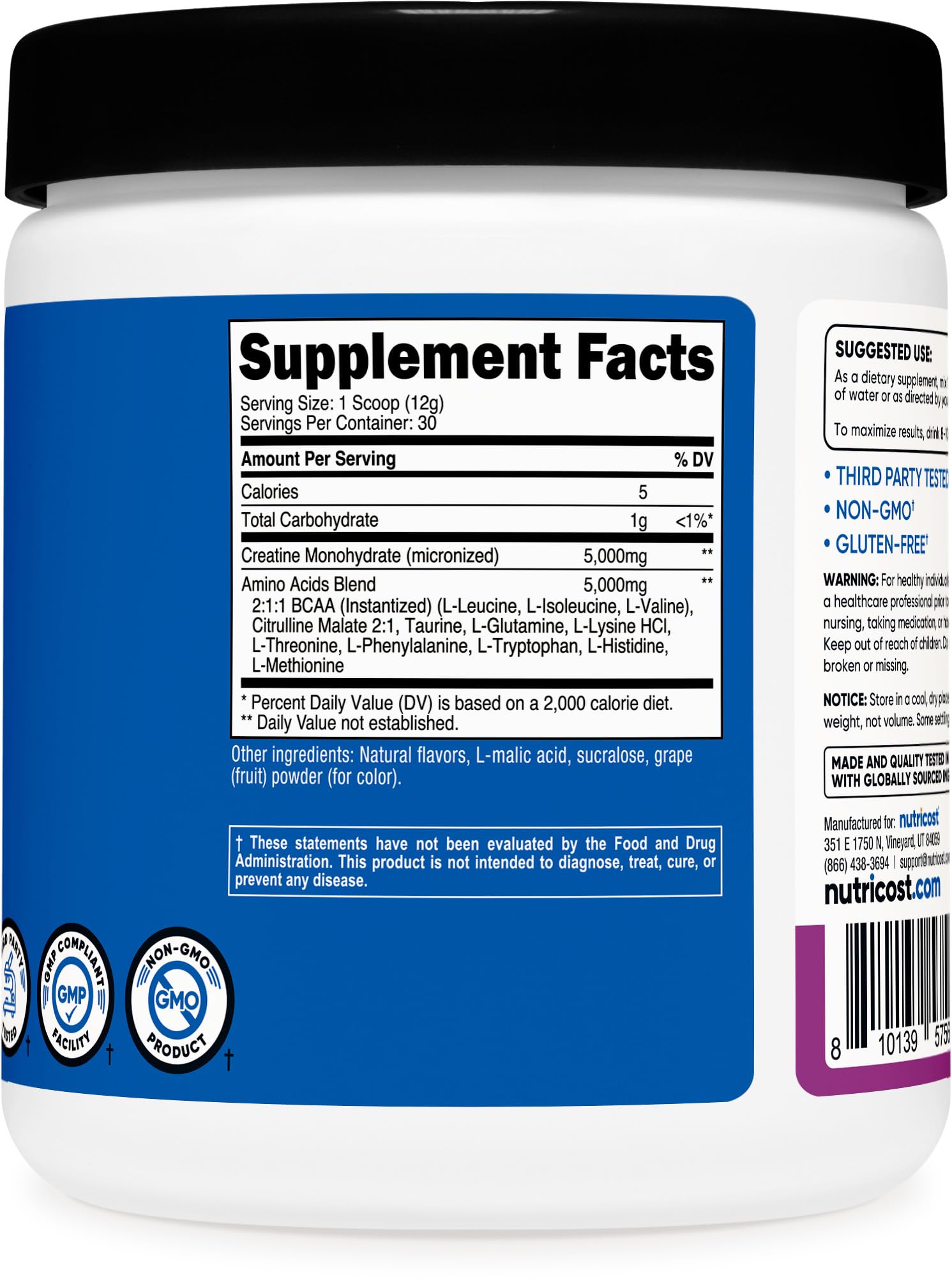 Nutricost Creatine + Aminos grape glass with mixed powder indicates hydration-ready use.