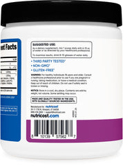Nutricost Creatine + Aminos grape label closeup shows dosage and flavor.