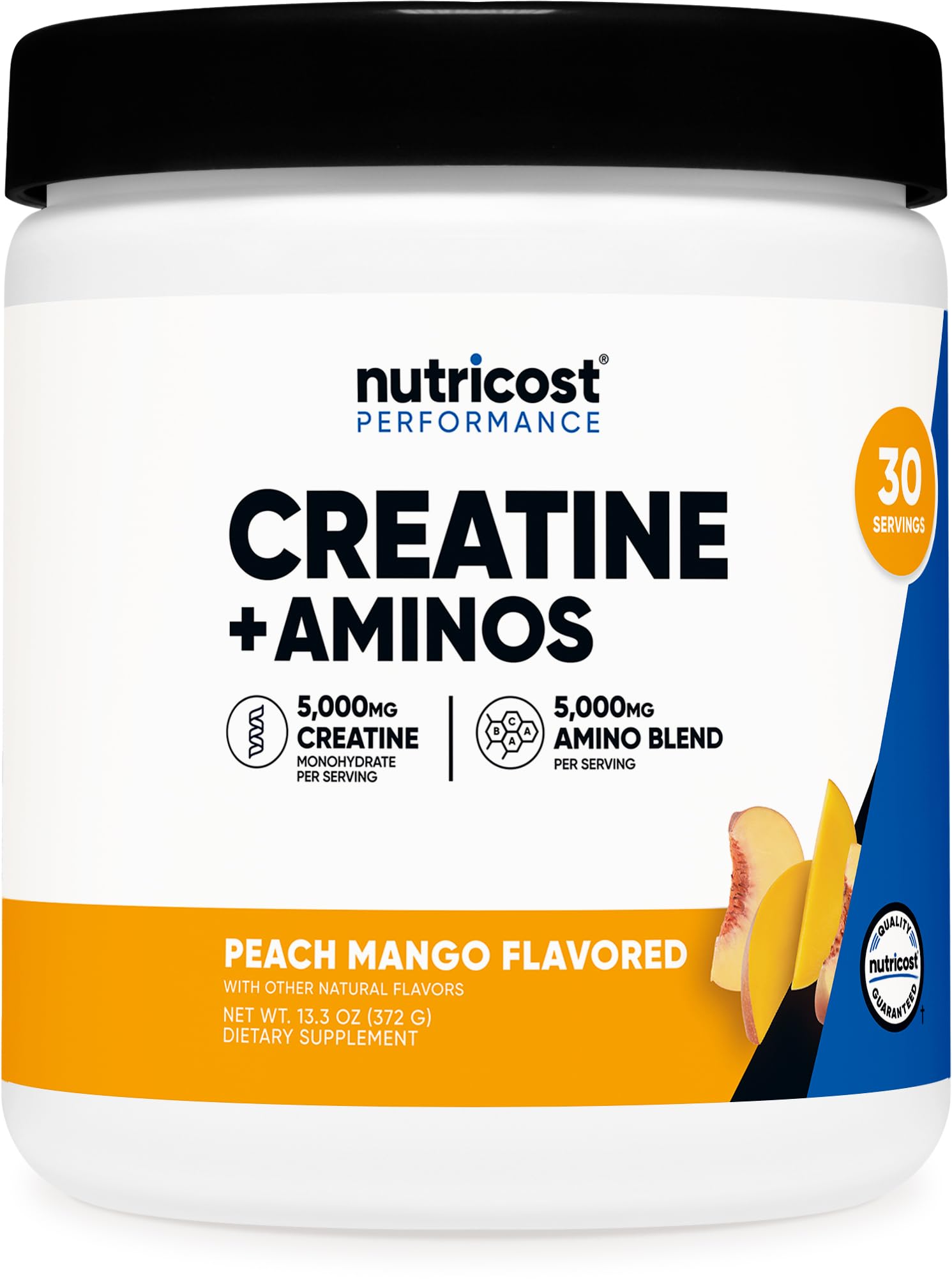 Nutricost Creatine + Aminos Peach Mango bottle showing full label and dosage details for workouts