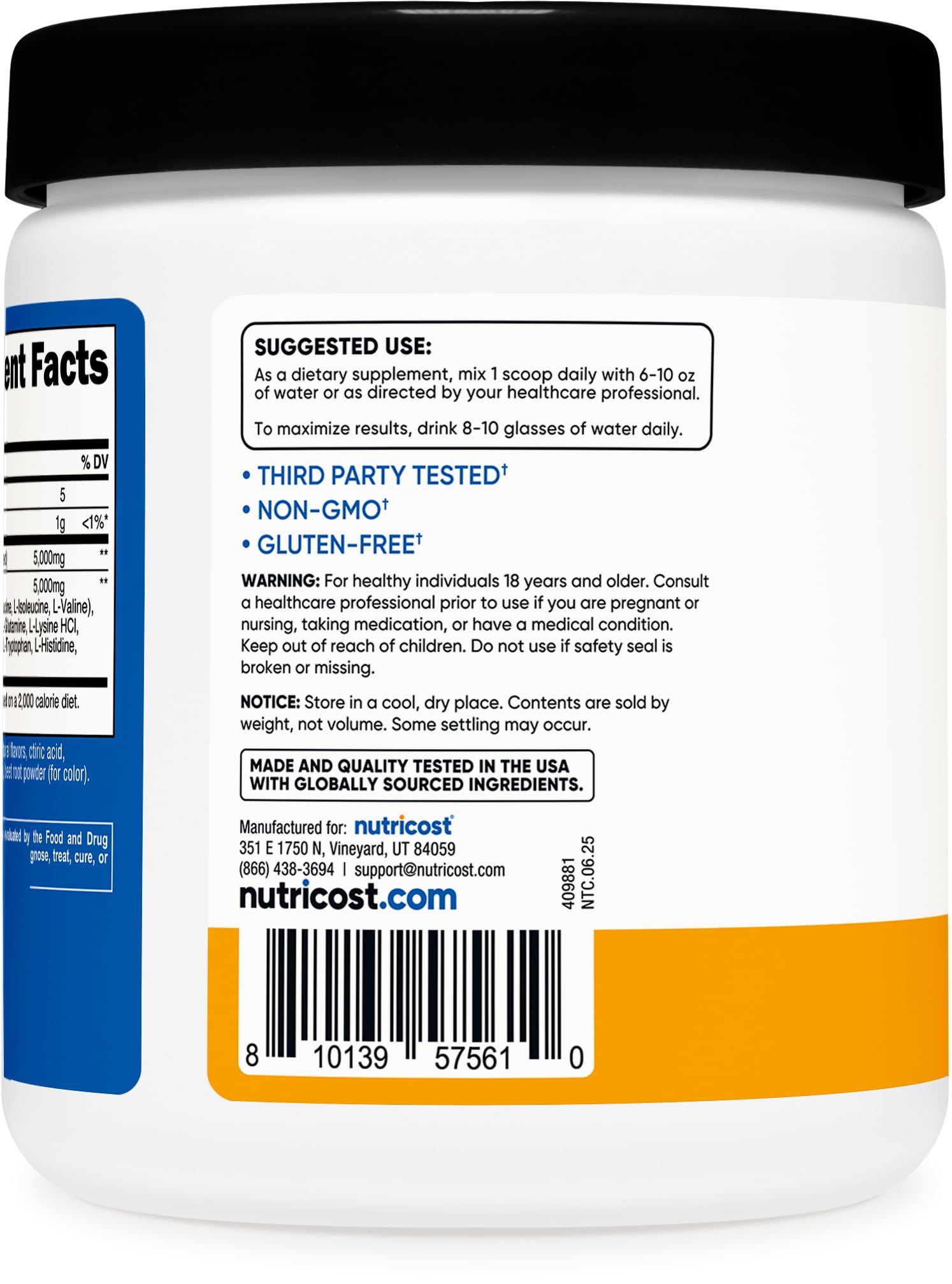 Nutricost Creatine + Aminos Peach Mango with a glass of water illustrating mixing and flavor