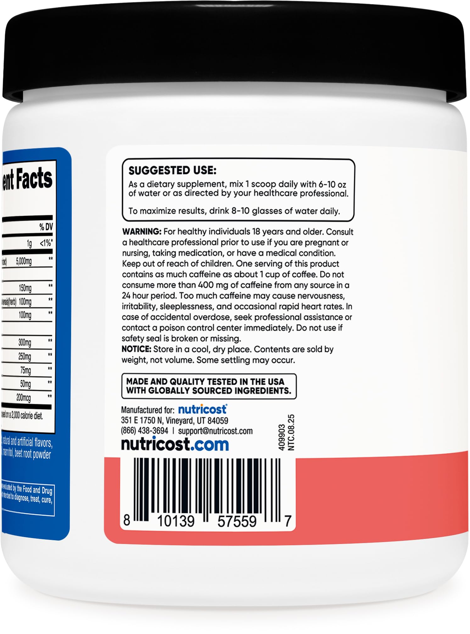 Nutricost Creatine + Energy container front displays flavor and serving count.