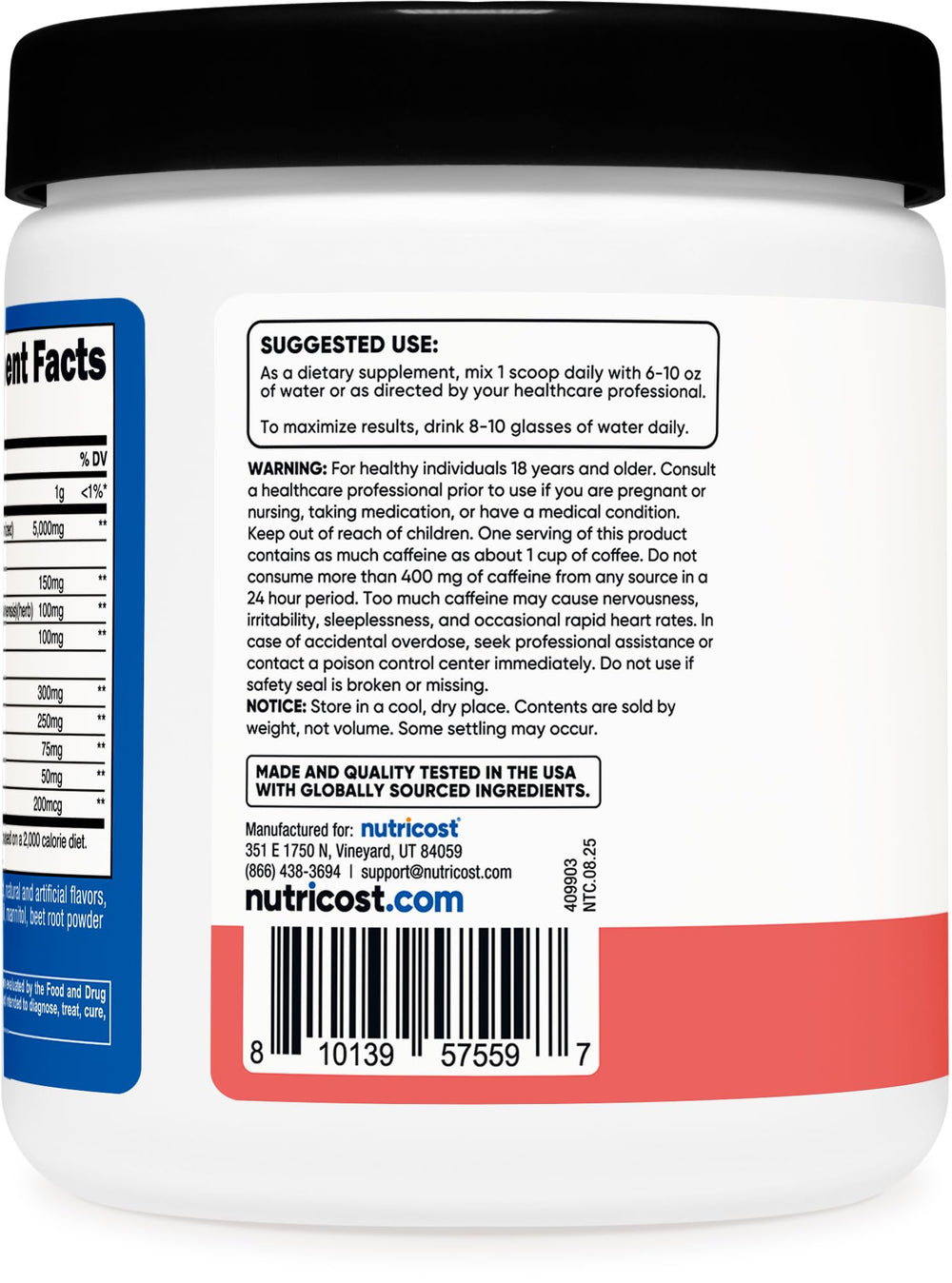 Nutricost Creatine + Energy container front displays flavor and serving count.