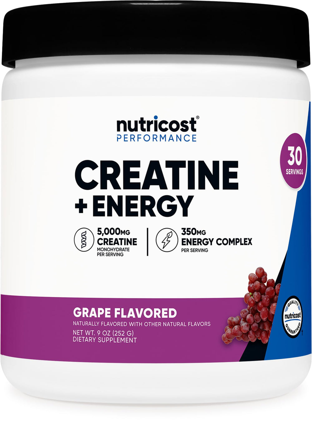 Nutricost Creatine + Energy grape bottle ready for workouts and vegan-friendly support