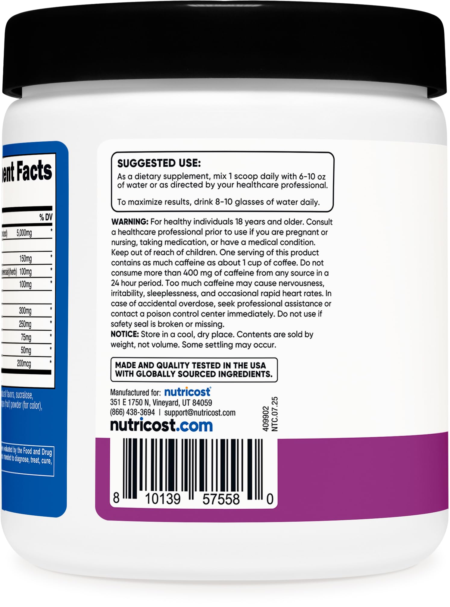 Grape-flavored powder dispersing in water for a smooth post-workout shake