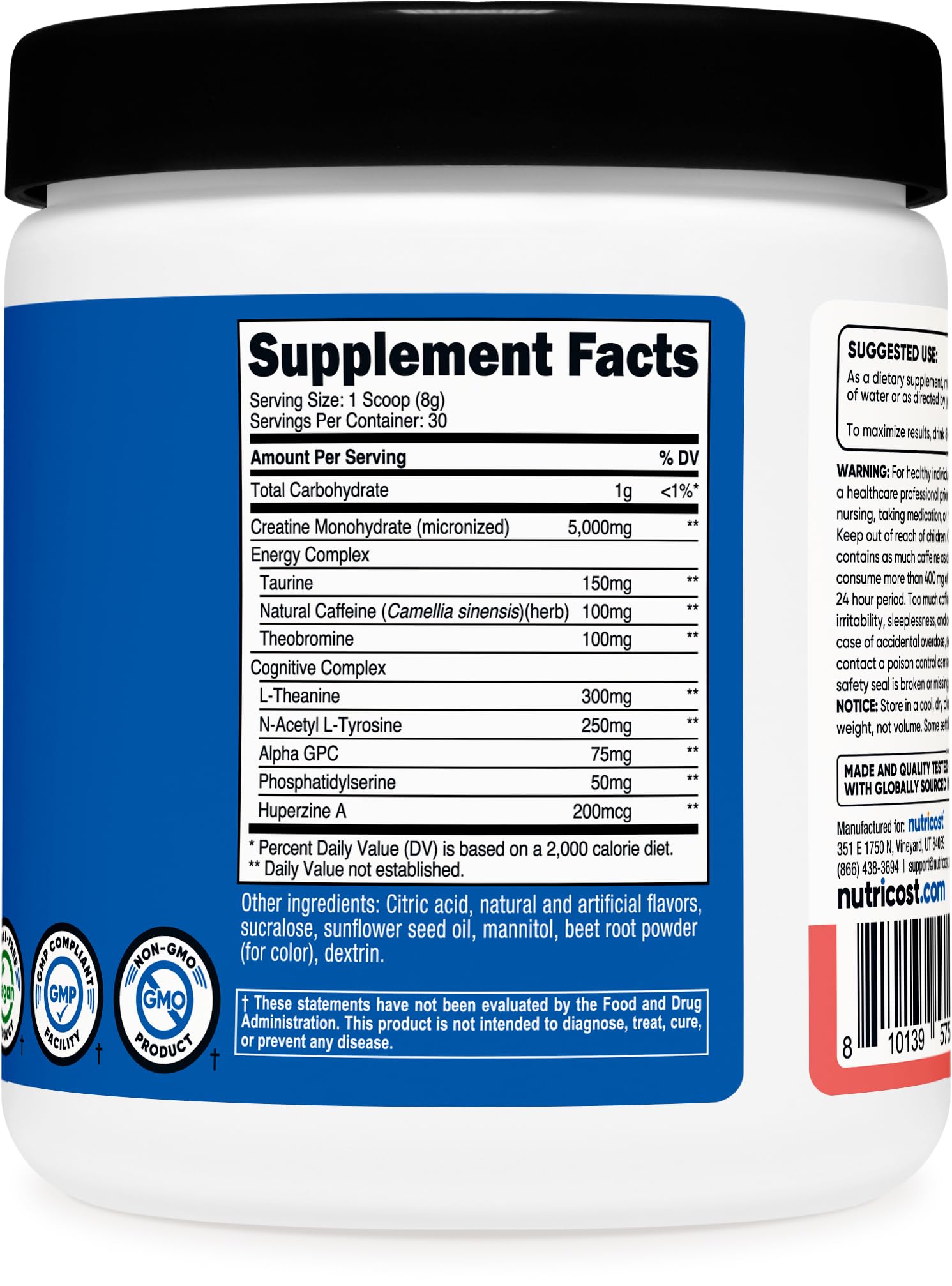 Nutricost Creatine + Energy nutrition facts panel outlines ingredients and usage details.