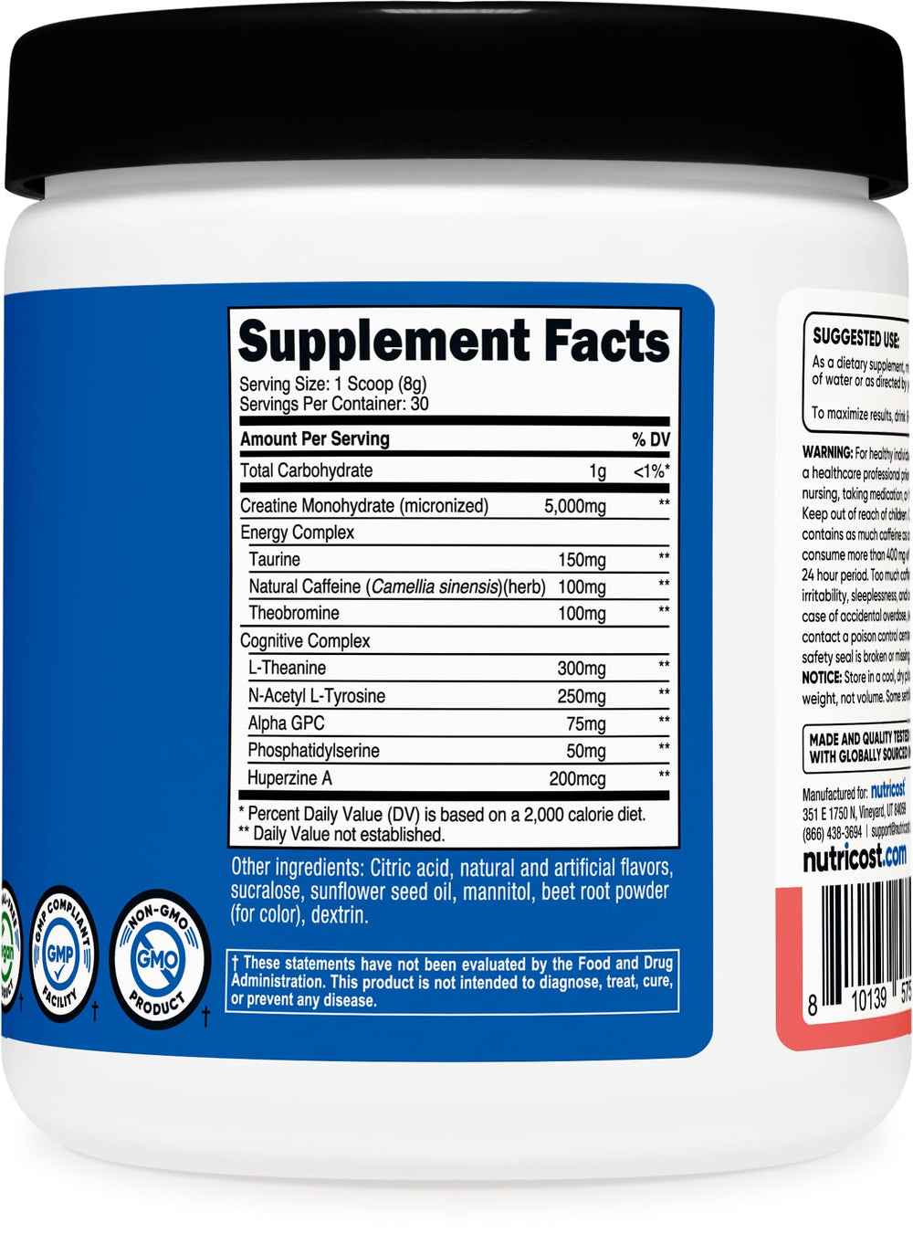 Nutricost Creatine + Energy nutrition facts panel outlines ingredients and usage details.