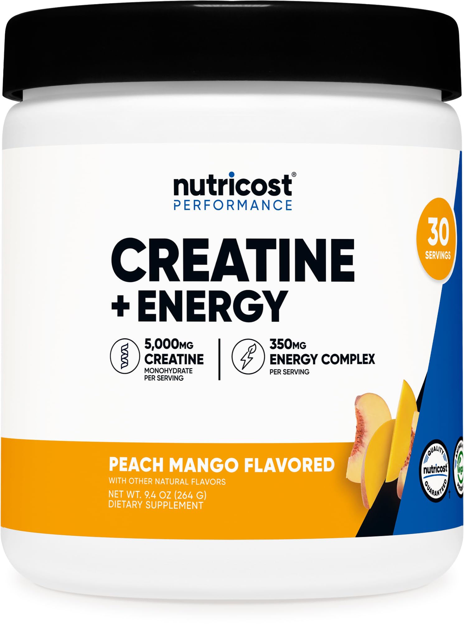 Nutricost Creatine Energy Peach Mango bottle; convenient pre workout boost.