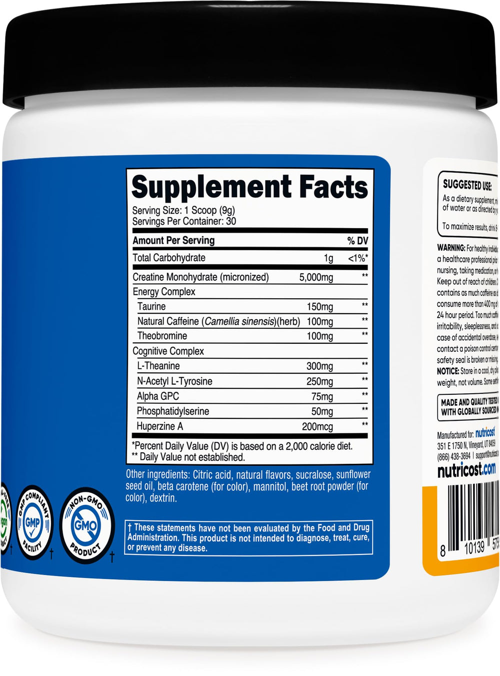 Nutricost Creatine Energy Peach Mango nutrition facts panel; quick per serving overview.