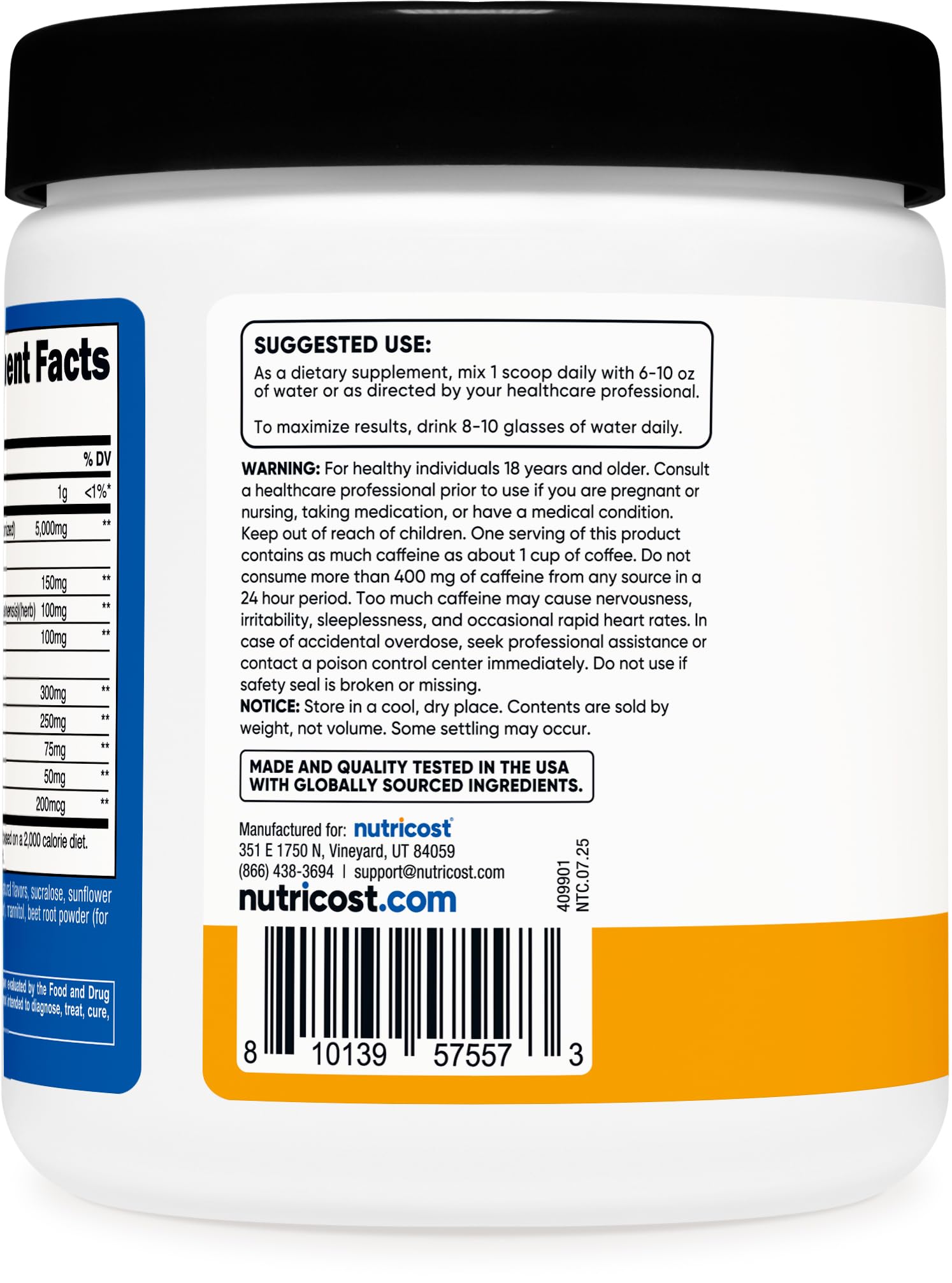 Nutricost Creatine Energy Peach Mango label; clear ingredients and quality marks visible.