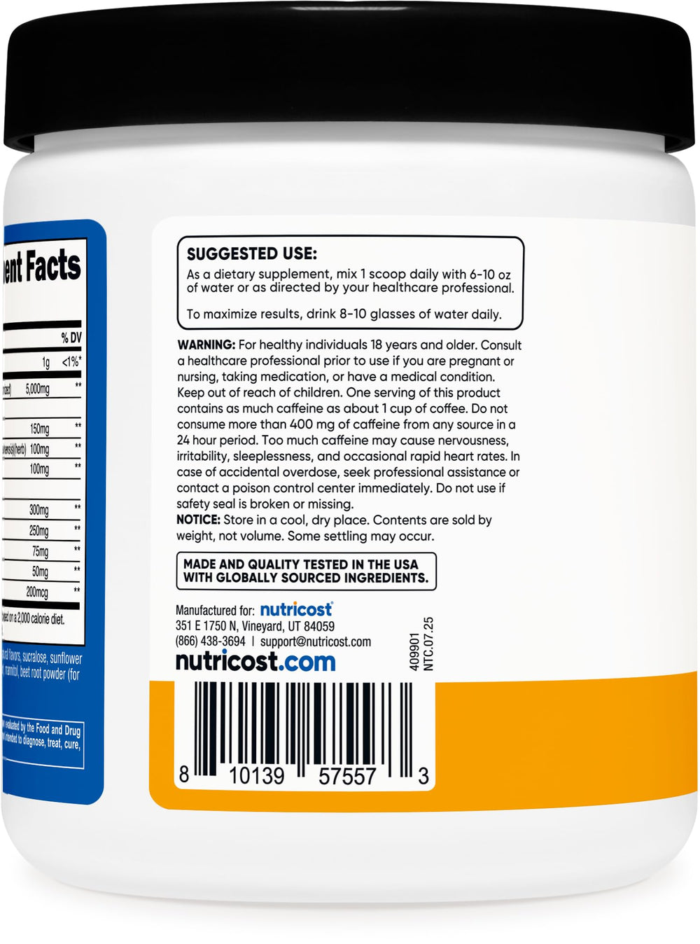 Nutricost Creatine Energy Peach Mango label; clear ingredients and quality marks visible.