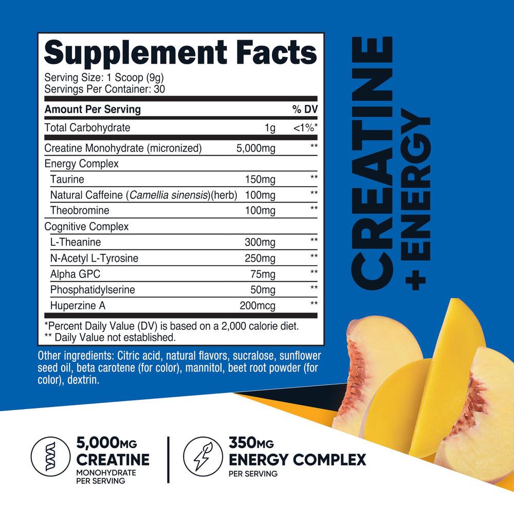 Nutricost Creatine Energy Peach Mango scoop; precise single serving for daily use.
