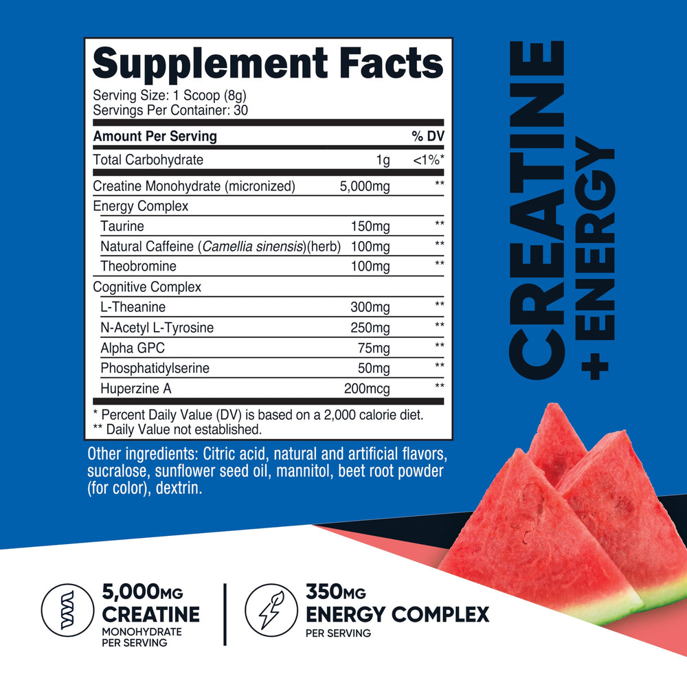 Nutricost Creatine + Energy scooper shows precise dosing for workouts.