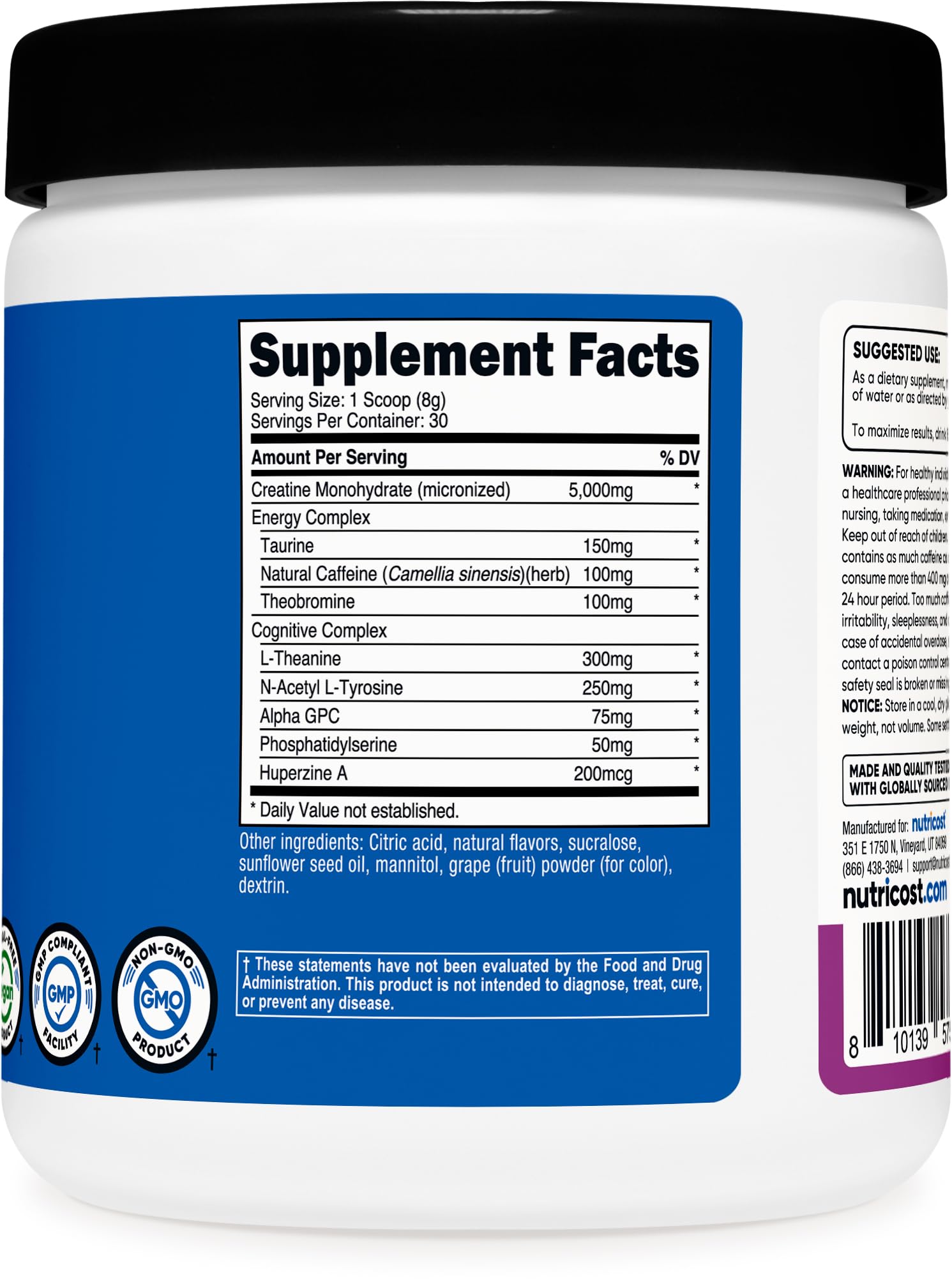 Nutricost Creatine + Energy bottle with GMP/third-party seal signaling reliable quality for workouts