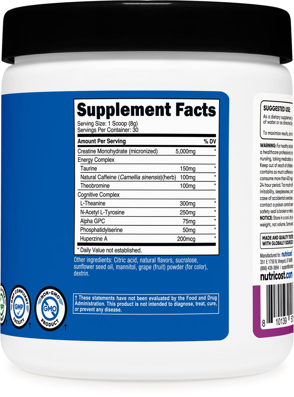 Nutricost Creatine + Energy bottle with GMP/third-party seal signaling reliable quality for workouts