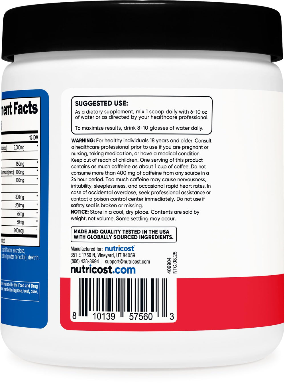 GMO-free and vegan-friendly Nutricost Creatine + Energy certification icons