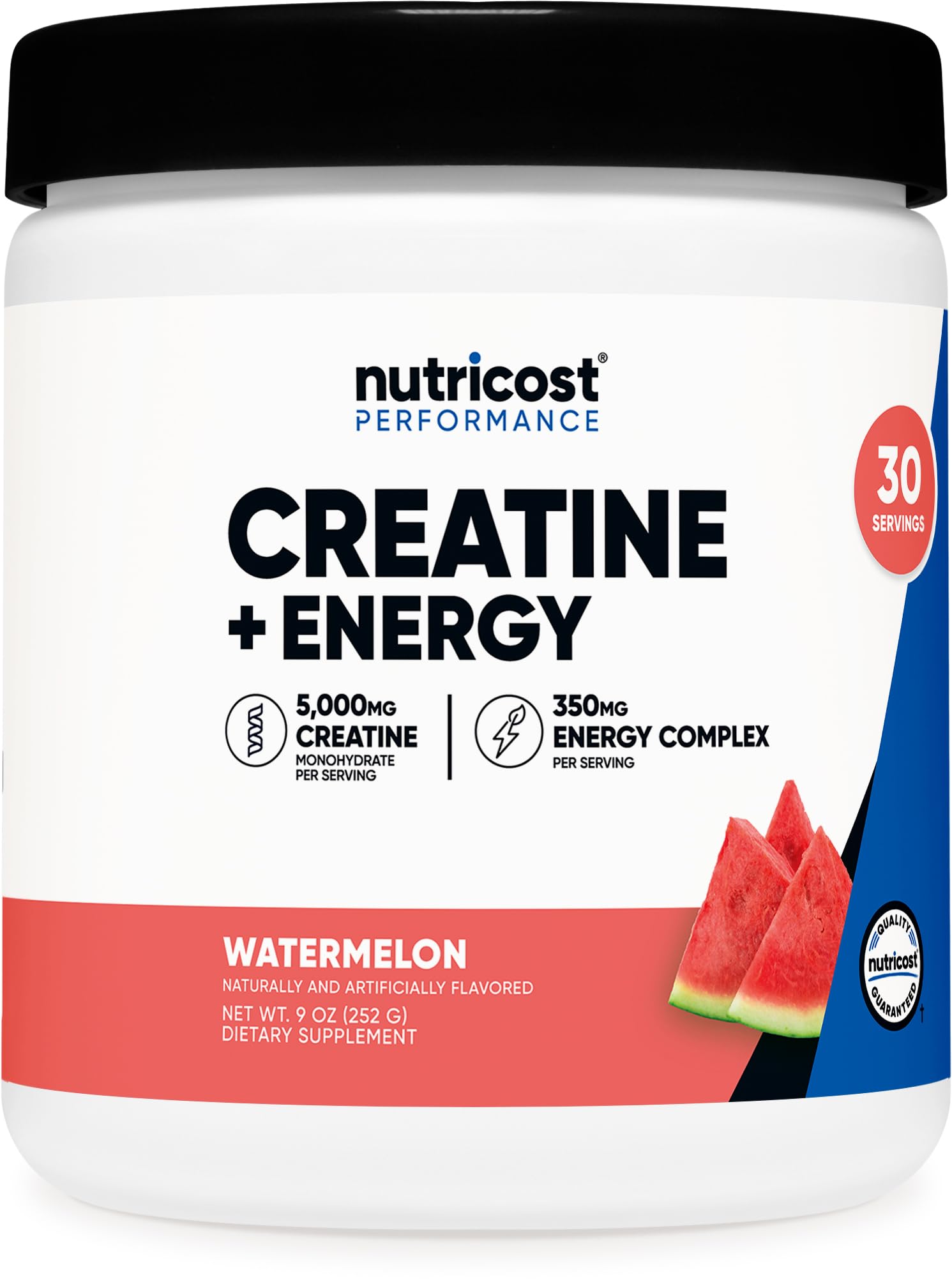 Nutricost Creatine + Energy watermelon bottle label highlights flavor and serving size for tracking.