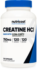 Nutricost Creatine HCl 120 capsules bottle supports steady daily supplementation during workouts.