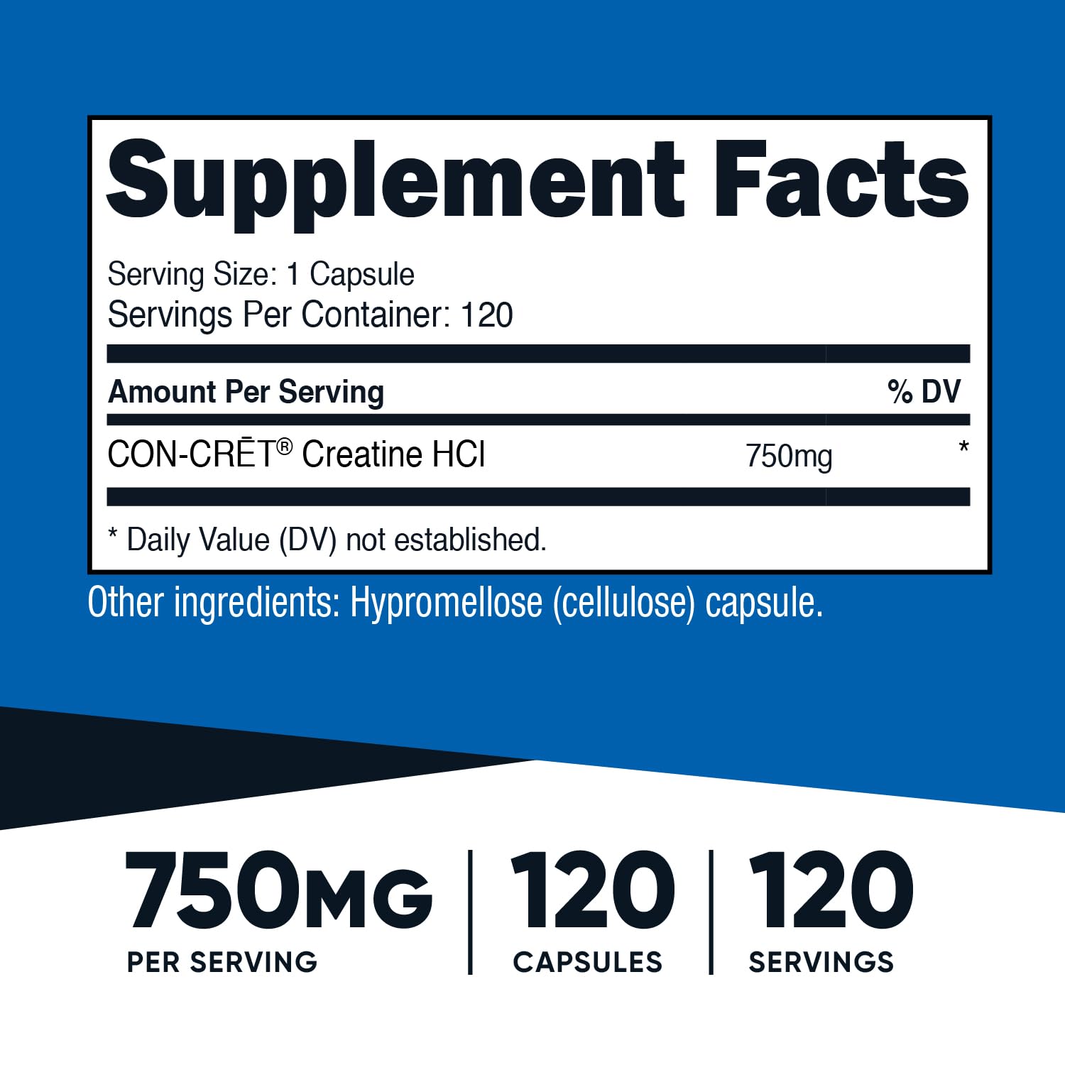 Nutricost Creatine HCl 750 mg per capsule highlights convenient dosing for training sessions.
