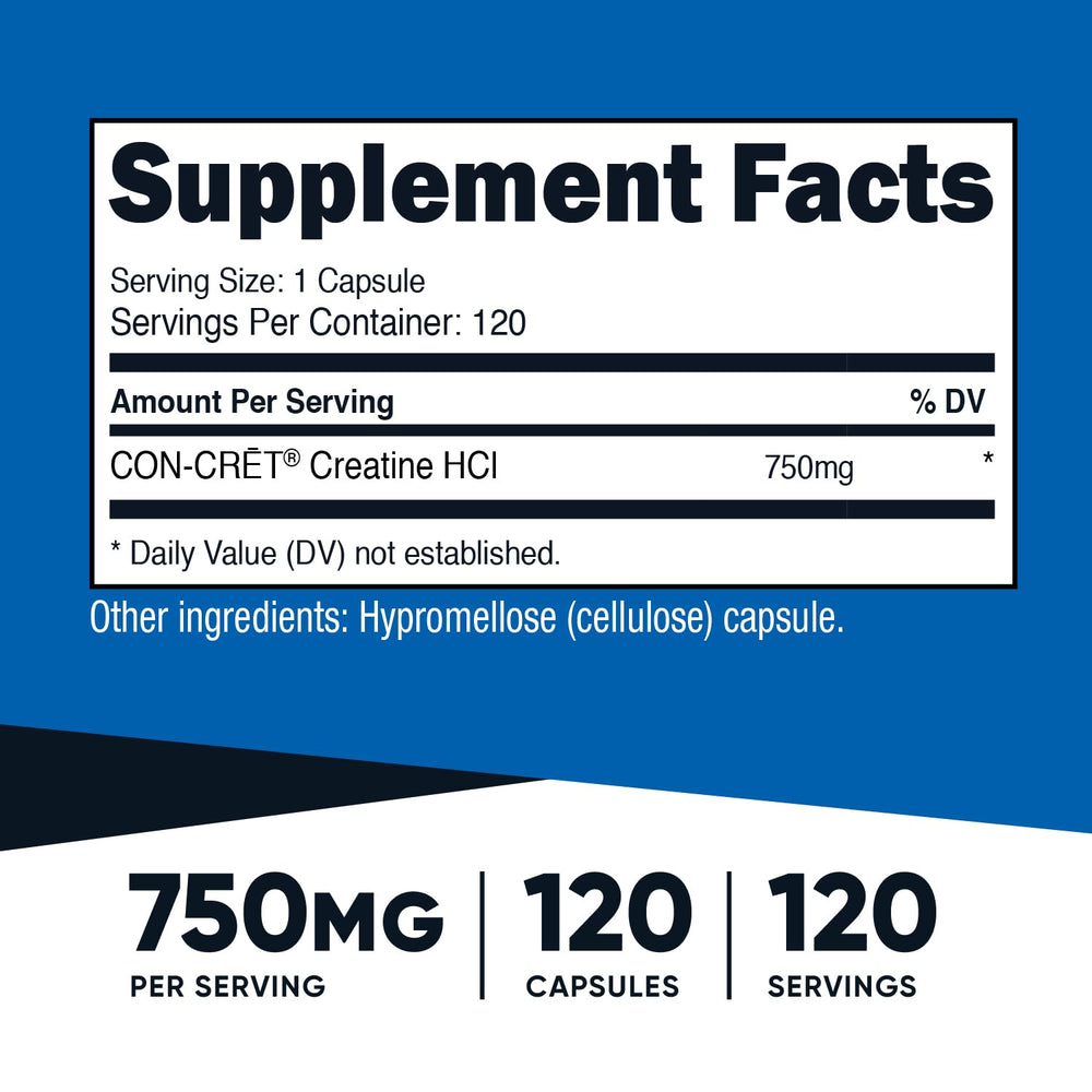 Nutricost Creatine HCl 750 mg per capsule highlights convenient dosing for training sessions.