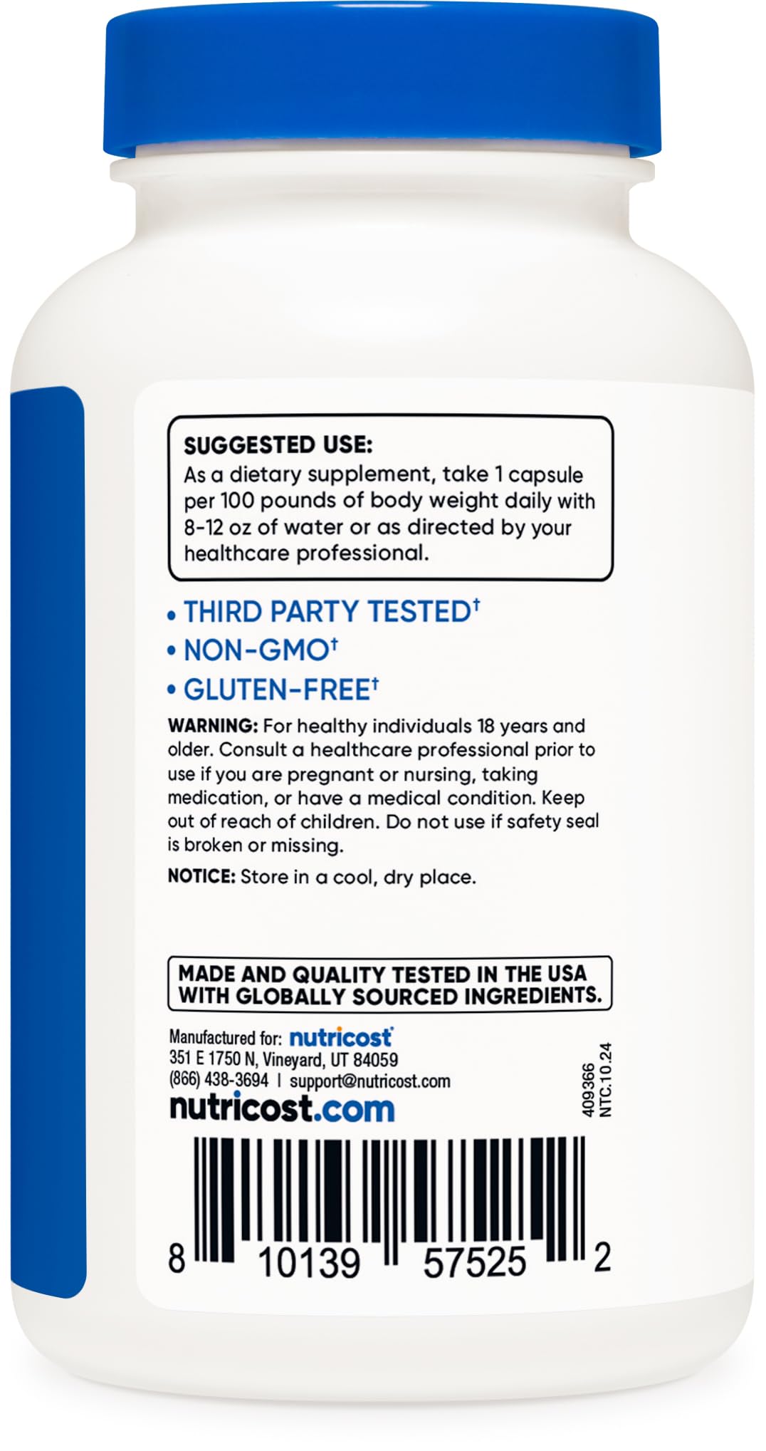 Nutricost Creatine HCl gluten-free and GMO-free for clean daily supplementation.