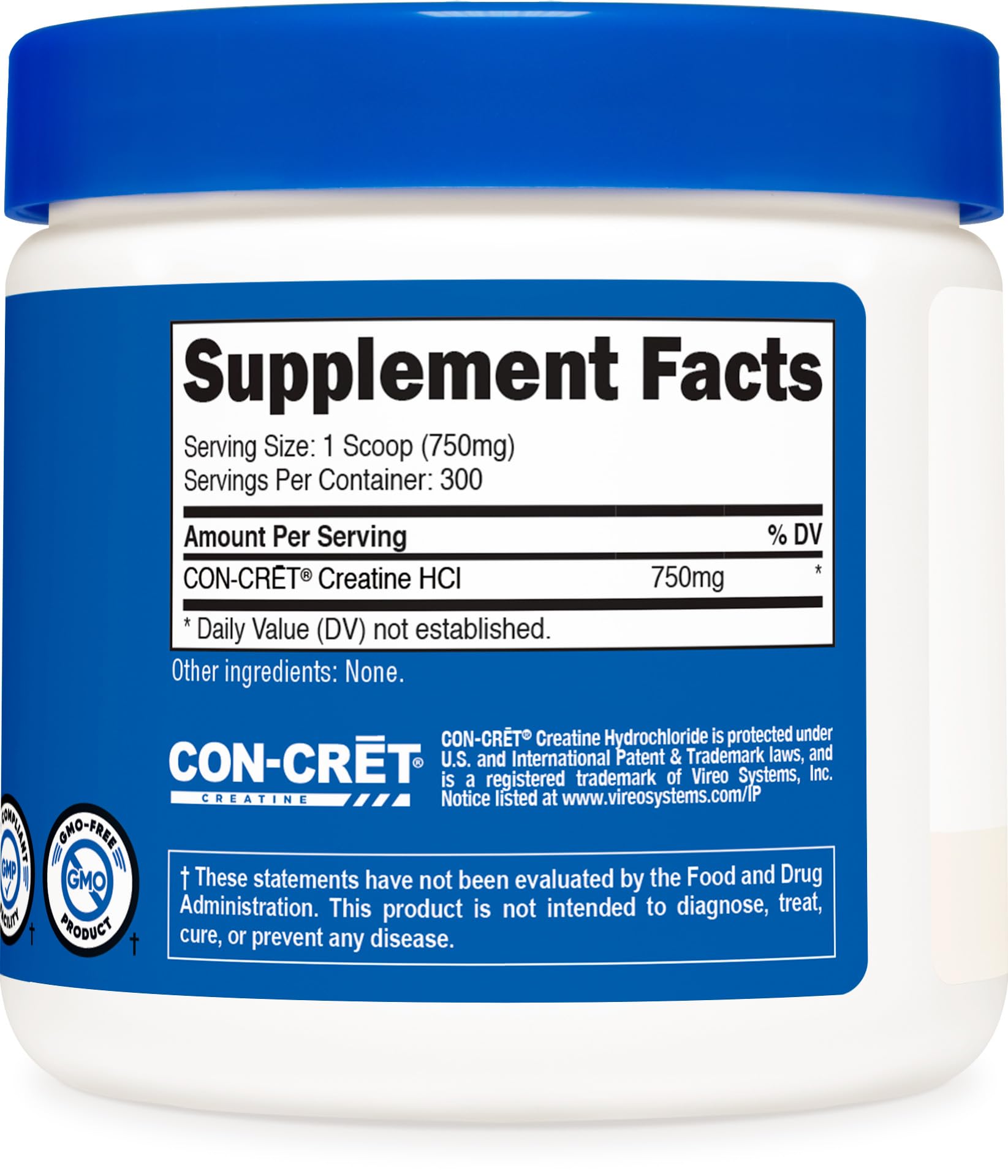 Nutricost Creatine HCl powder in glass jar highlights gluten-free, GMO-free formulation.