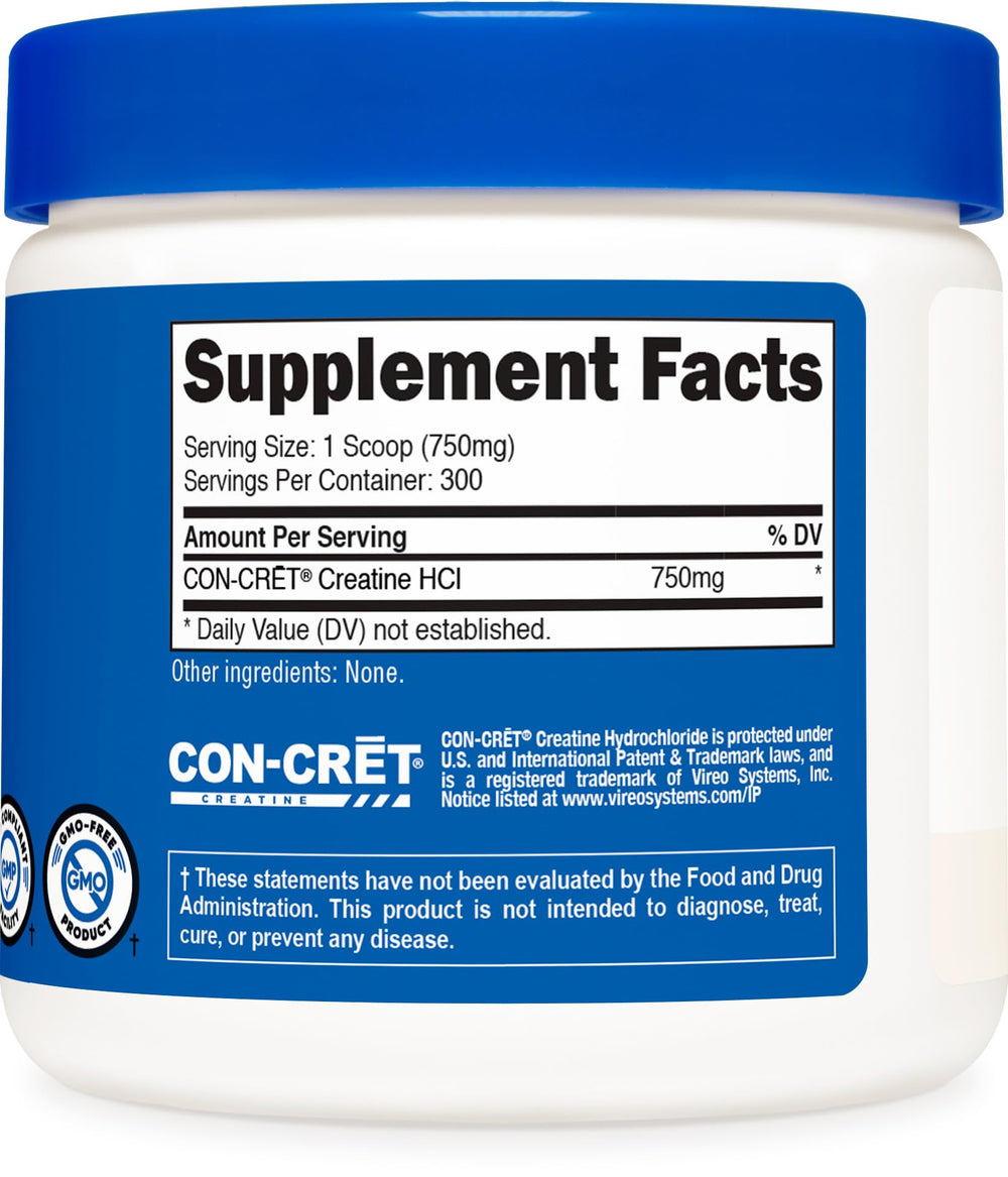 Nutricost Creatine HCl powder in glass jar highlights gluten-free, GMO-free formulation.
