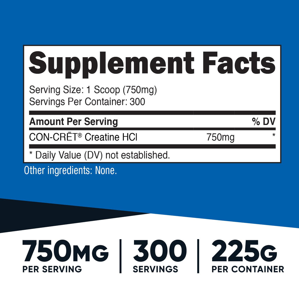 Nutricost Creatine HCl powder scoop enables precise 750 mg servings.