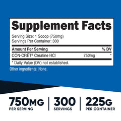 Nutricost Creatine HCl powder scoop enables precise 750 mg servings.
