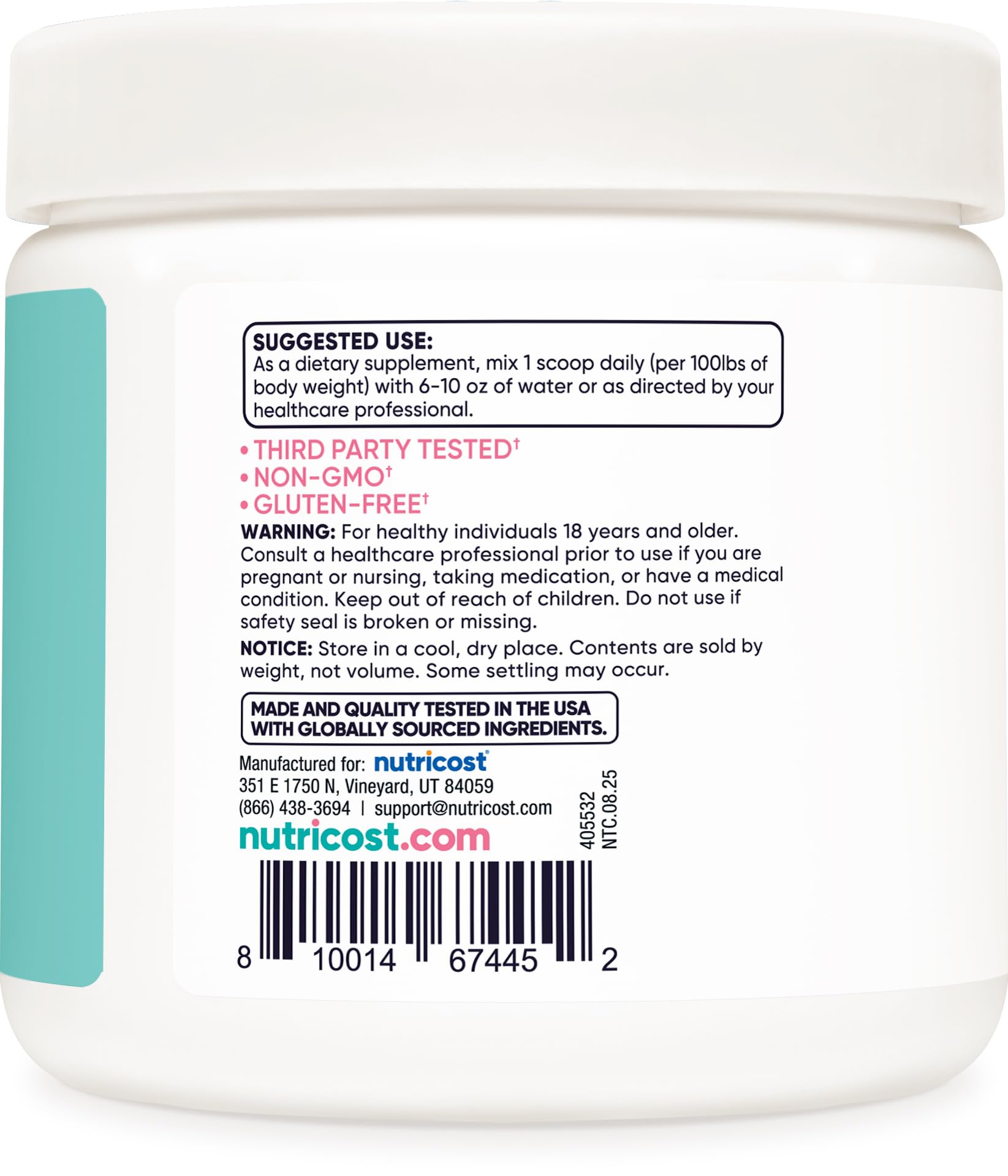 Nutricost Creatine Monohydrate powder close-up shows fine texture suitable for mixing.