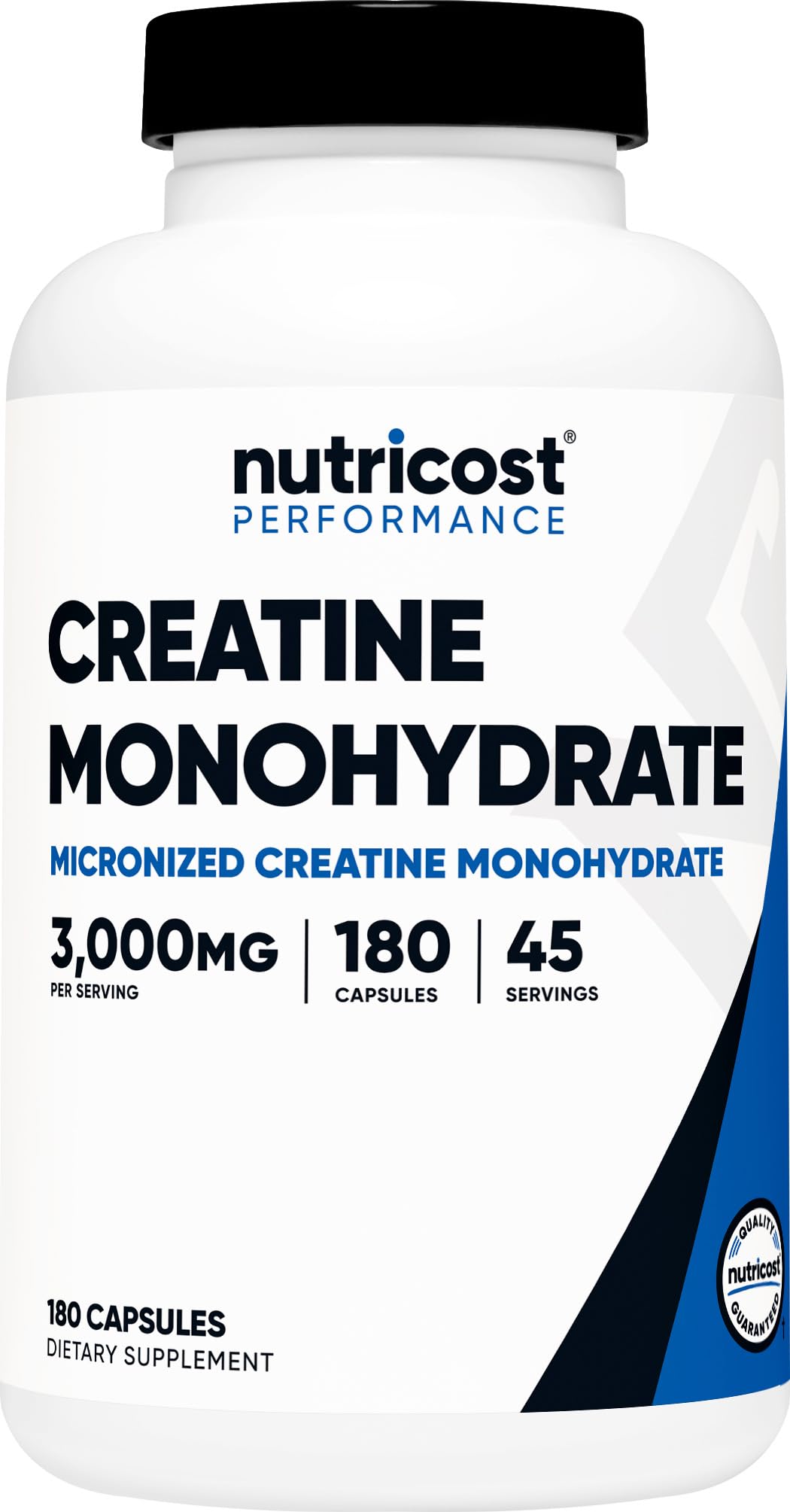 Nutricost Creatine Monohydrate bottle with 180 capsules for daily athletic use.