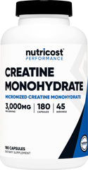 Nutricost Creatine Monohydrate bottle with 180 capsules for daily athletic use.