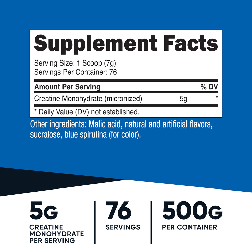 Nutricost Creatine Monohydrate Blue Raspberry powder in a shaker for easy mixing.