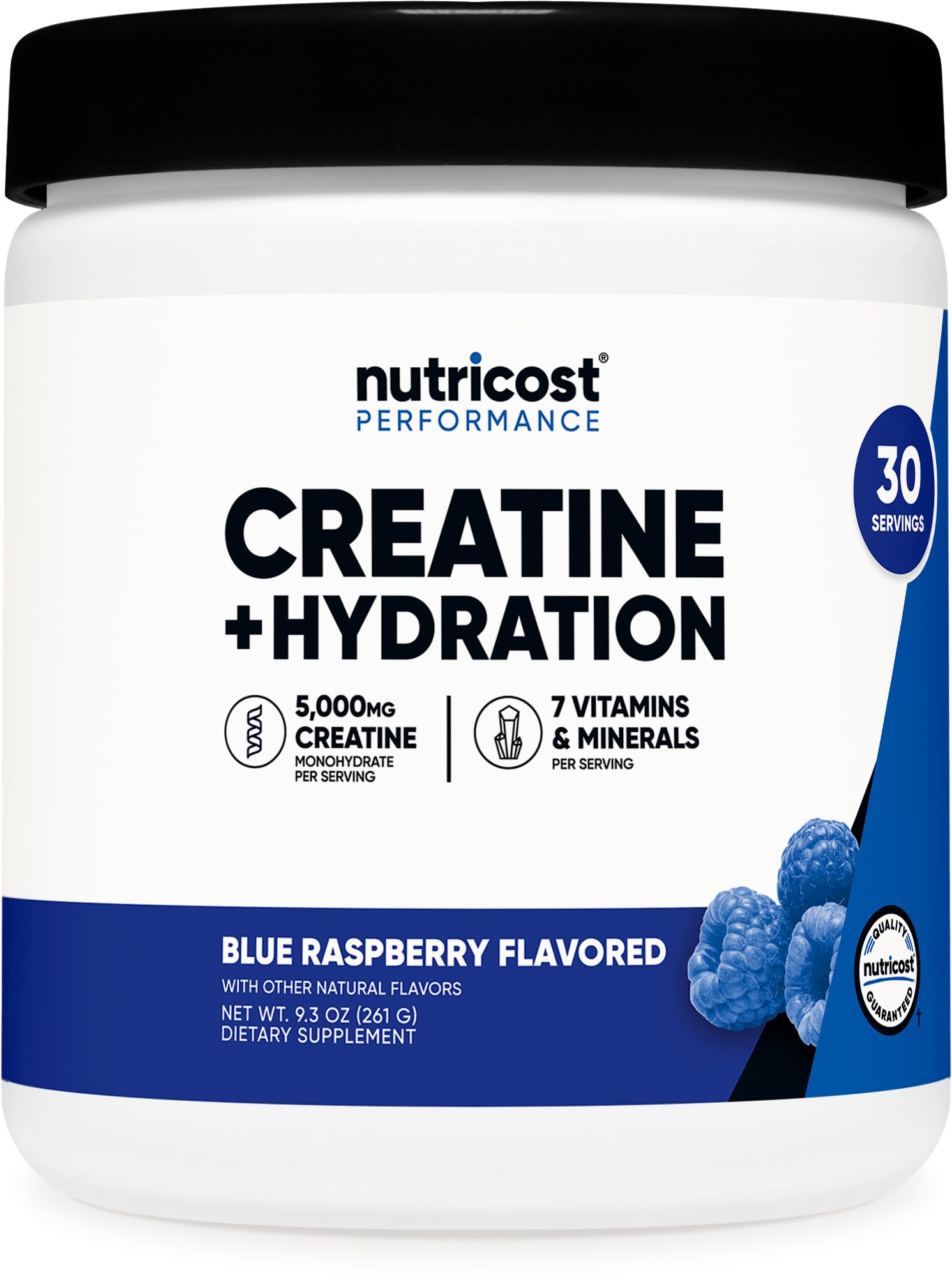 Nutricost Creatine Monohydrate bottle with blue raspberry flavor for workouts.