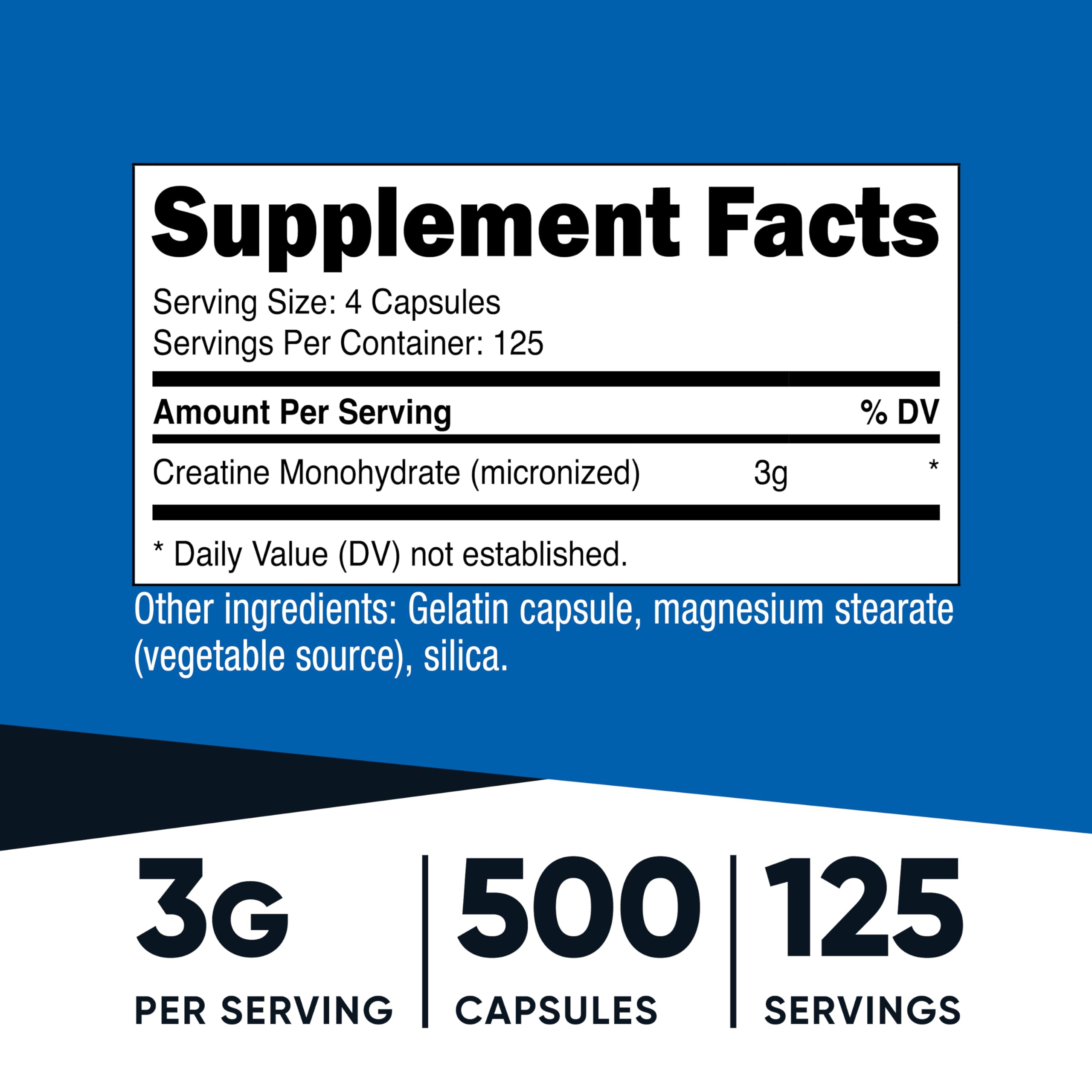 Nutricost creatine monohydrate capsules close-up showing easy dosing