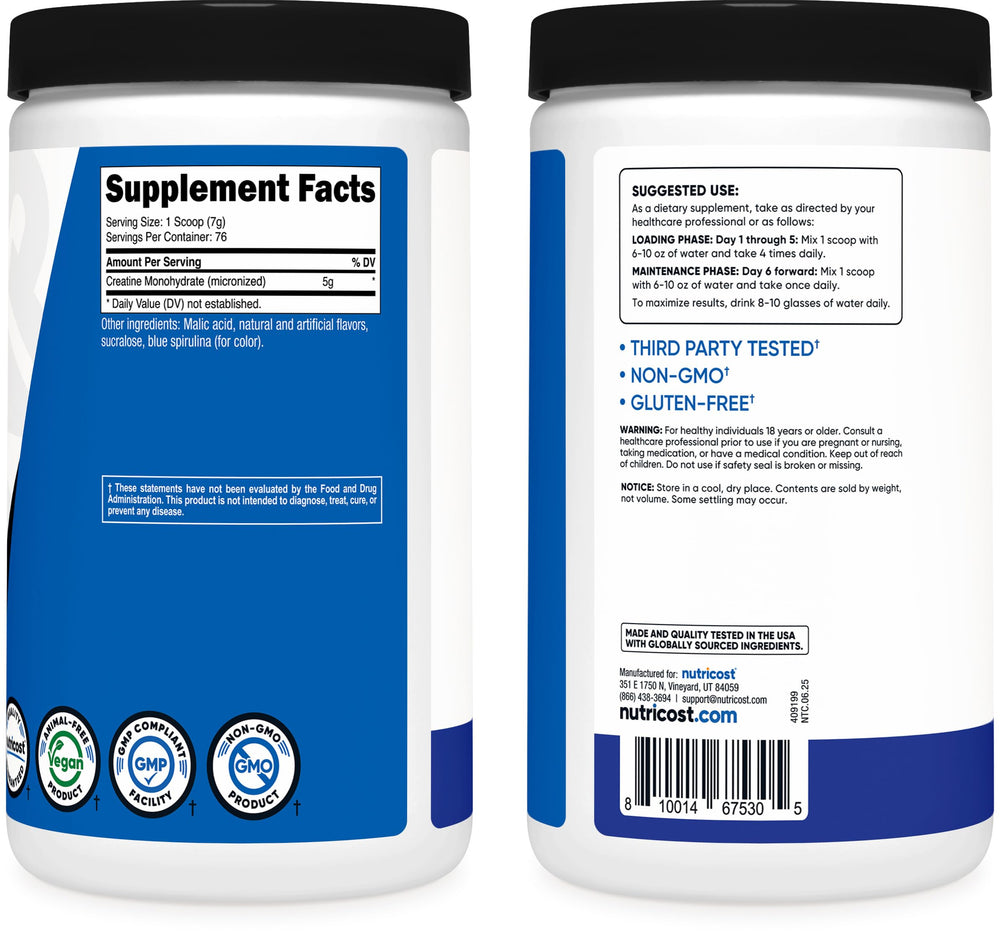 Nutricost Creatine Monohydrate produced in a certified facility for quality.