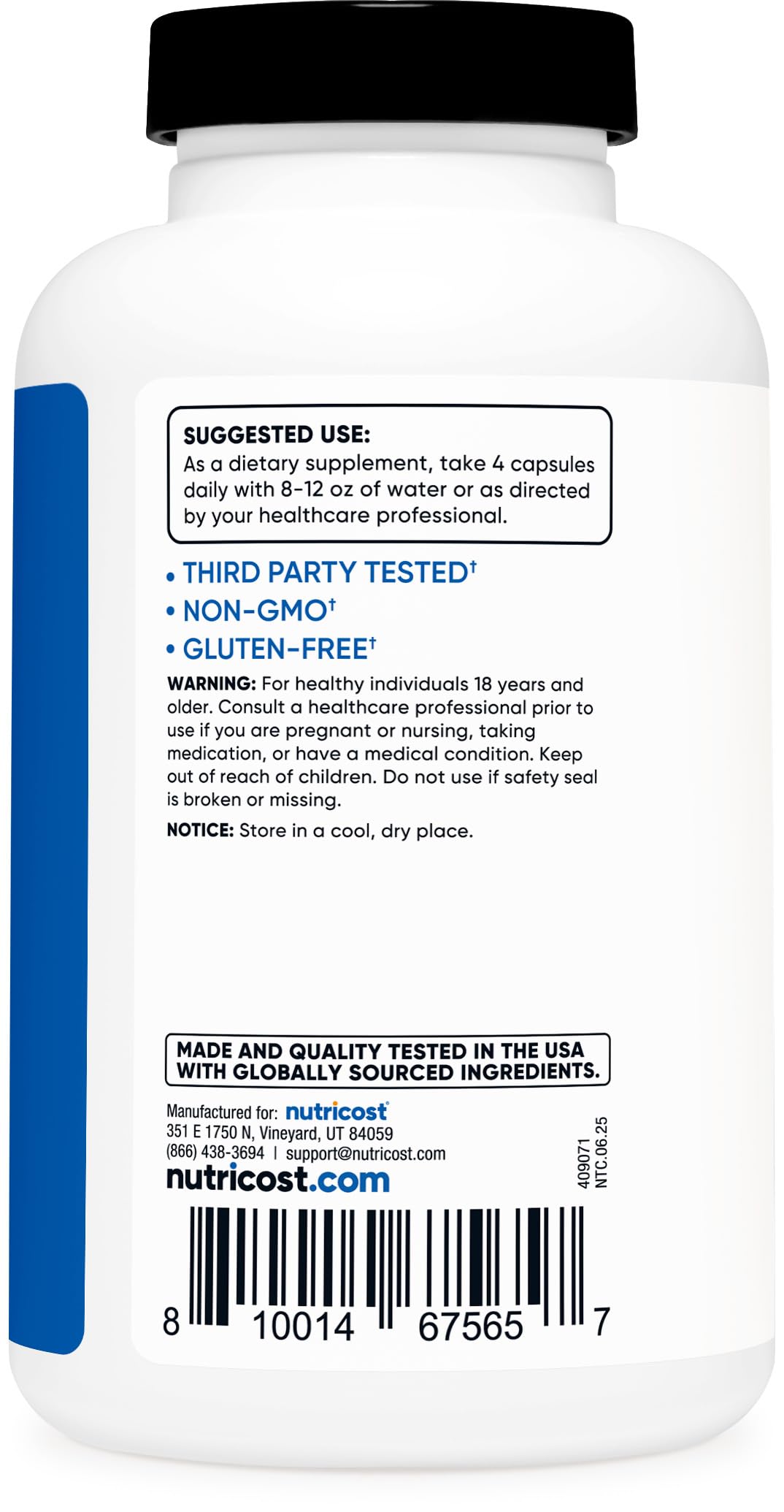 Gluten-free, Non-GMO Nutricost Creatine Monohydrate label for clean choice.
