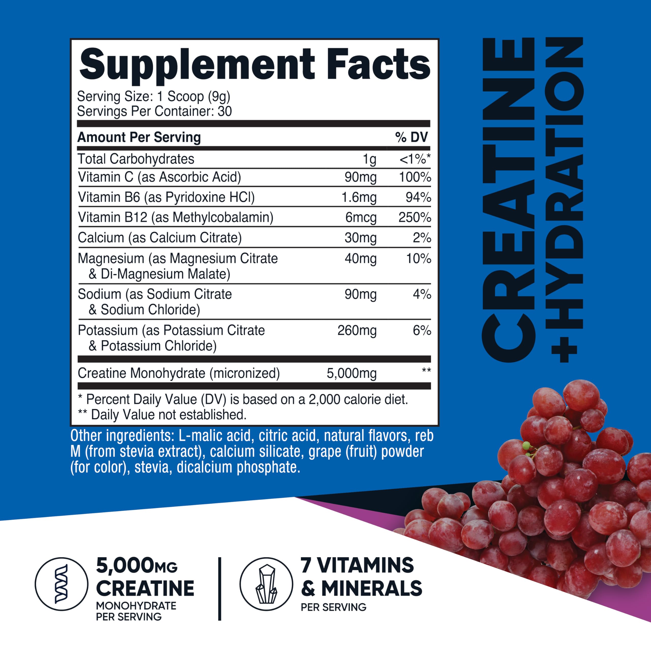 Nutricost Creatine Monohydrate grape scoop highlights 5000 mg per serving for workouts