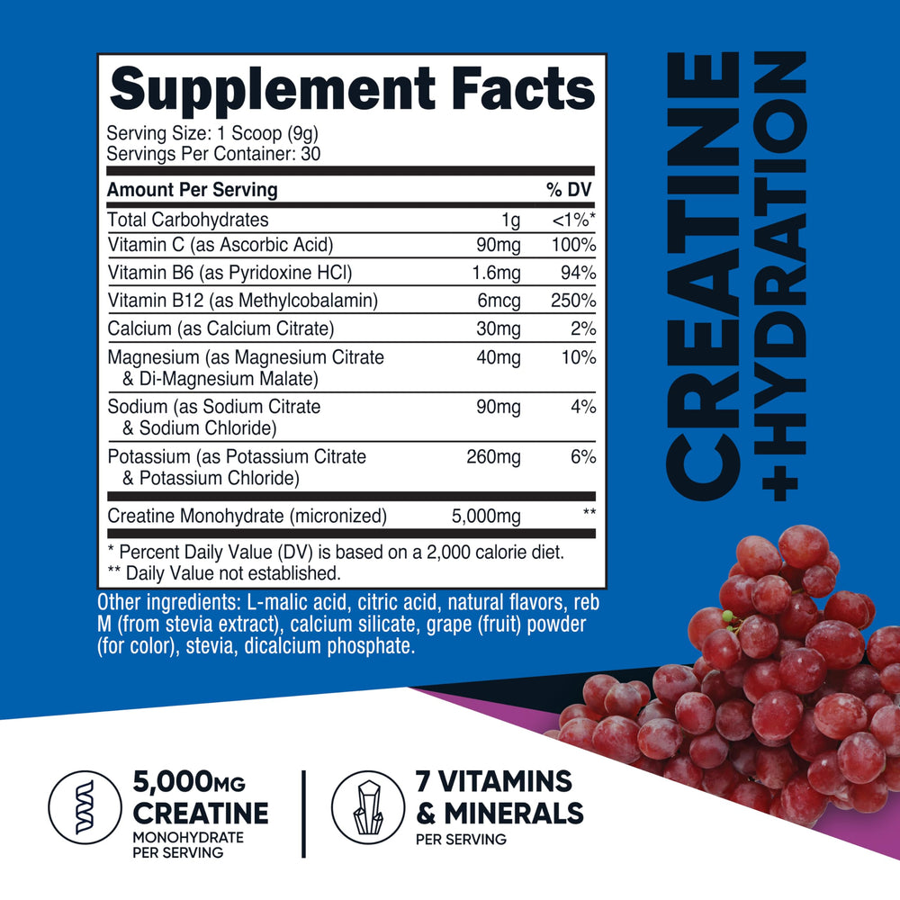 Nutricost Creatine Monohydrate grape scoop highlights 5000 mg per serving for workouts