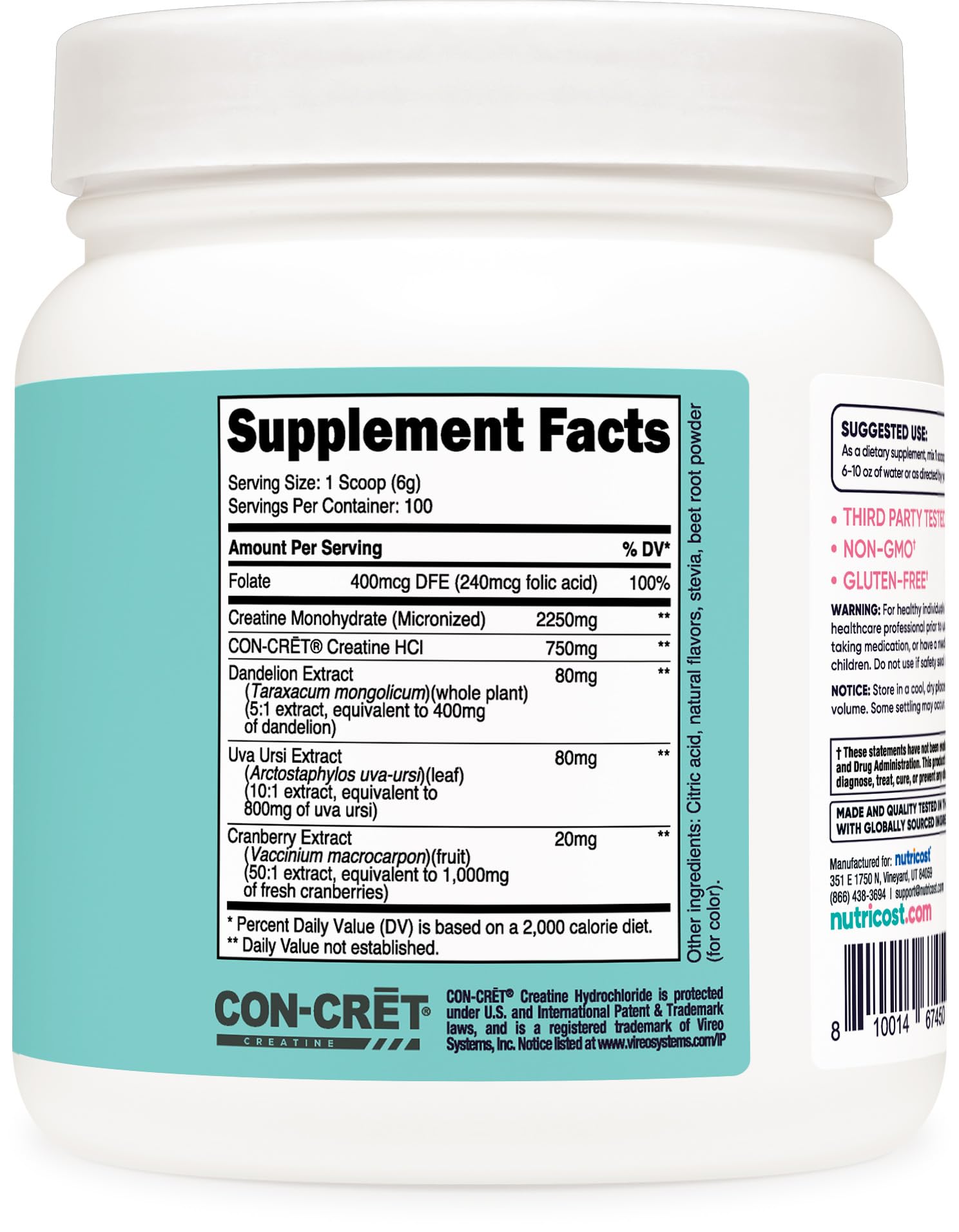 Nutricost Creatine Monohydrate ingredients label highlights vegetarian and gluten-free formula