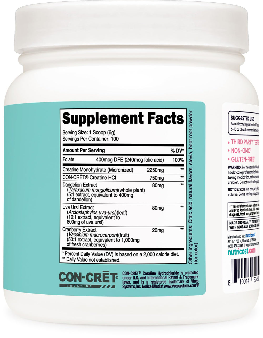 Nutricost Creatine Monohydrate ingredients label highlights vegetarian and gluten-free formula