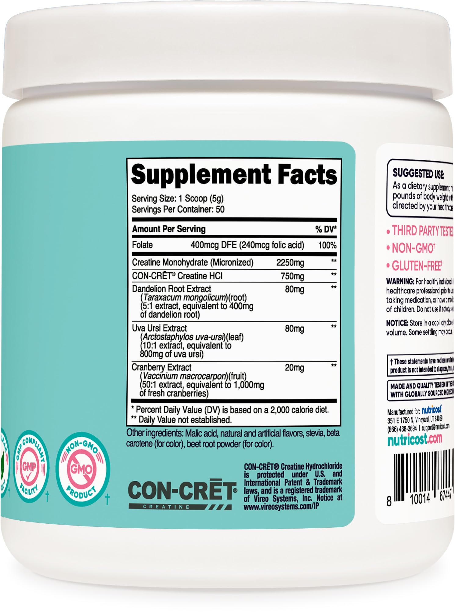 Nutricost Creatine Monohydrate ingredients label showing vegetarian symbol.