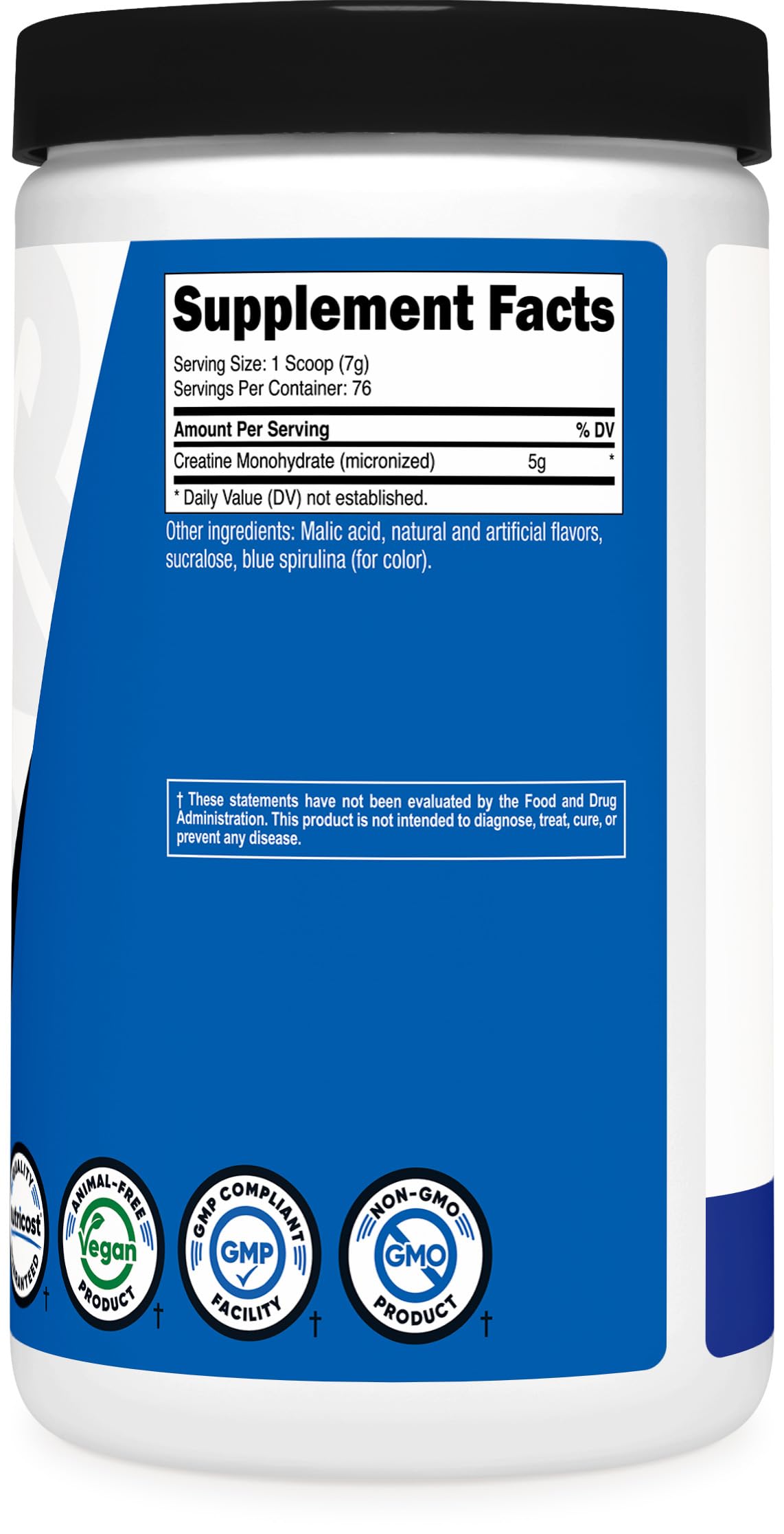 Nutricost Creatine Monohydrate label shows ingredients and certifications.