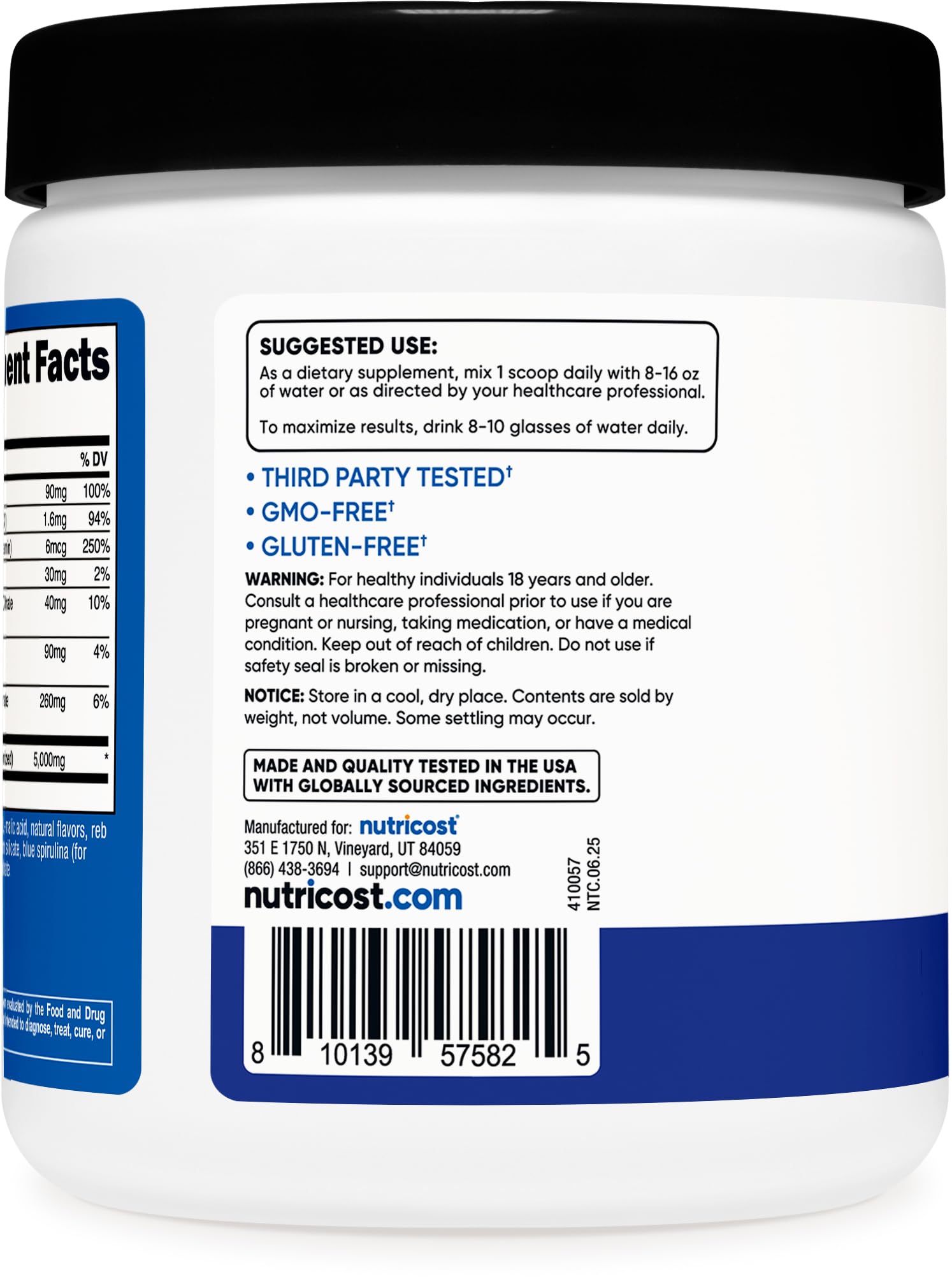 Nutricost Creatine Monohydrate label-front highlighting ingredients and certifications.