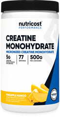 Nutricost Creatine Monohydrate Pineapple Mango bottle label shows easy daily dosing.