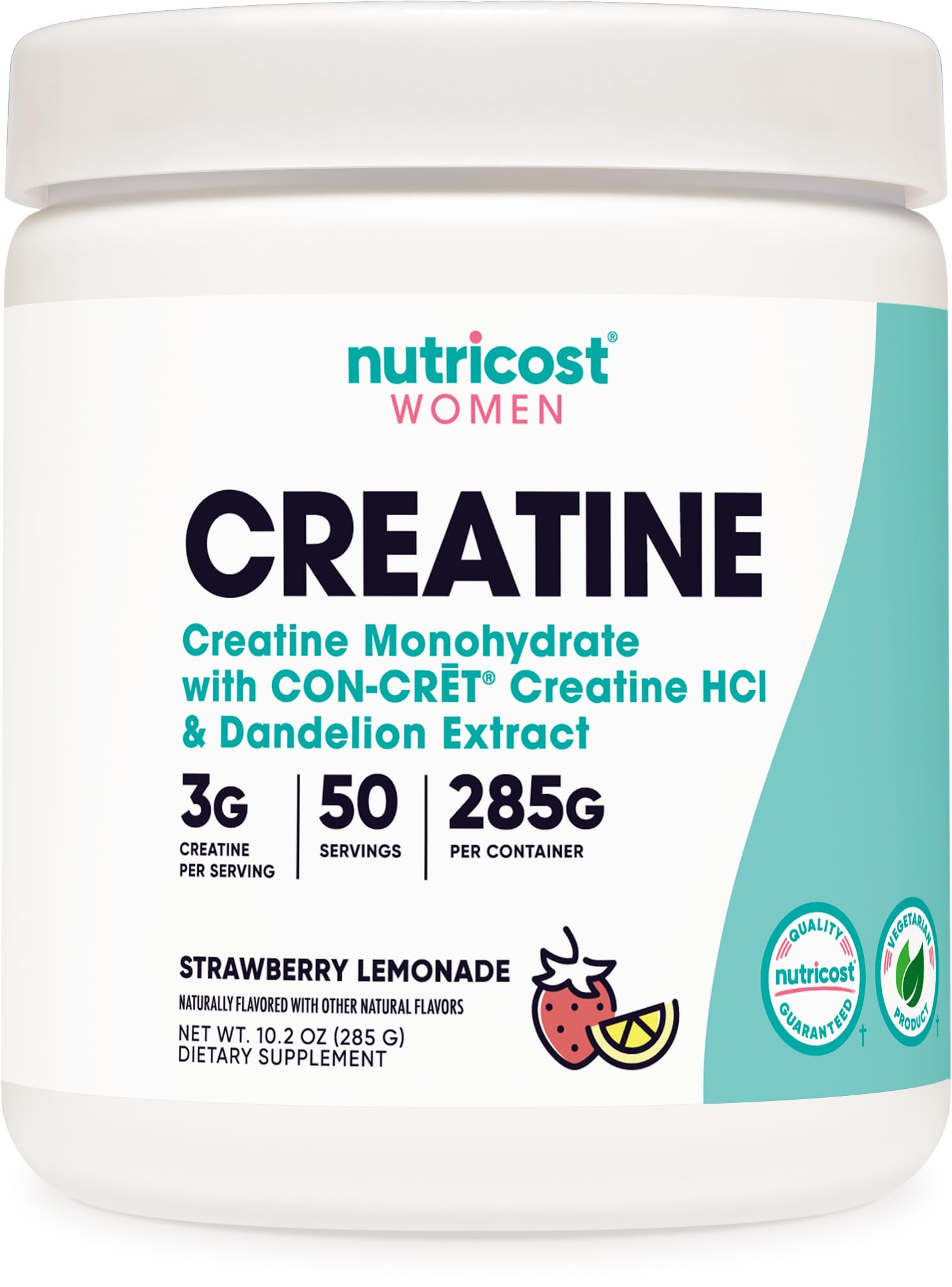 Nutricost creatine monohydrate bottle with strawberry lemonade label for easy mixing.
