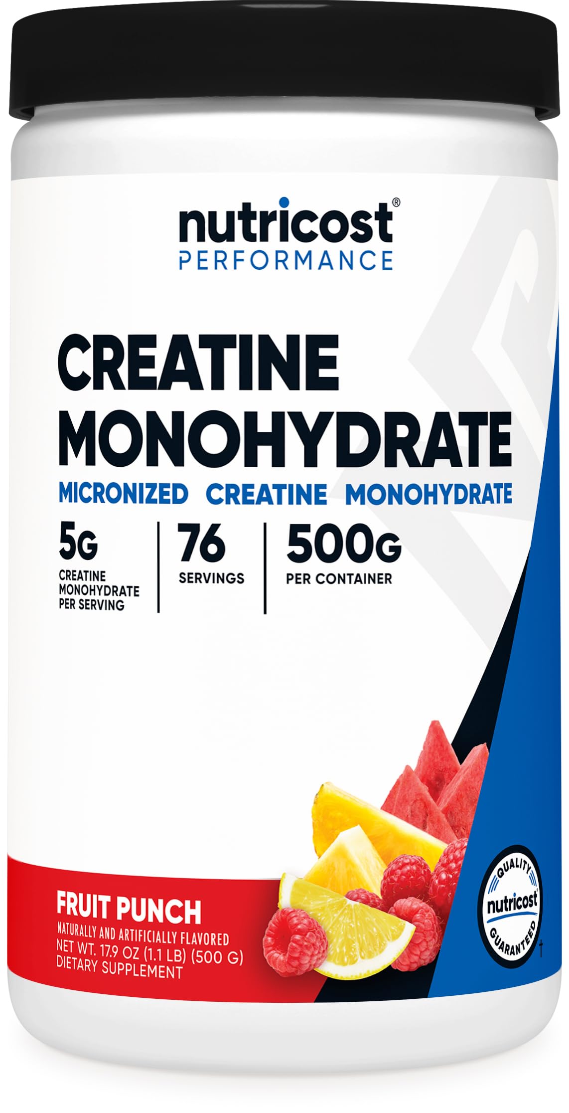 Nutricost Creatine Monohydrate Fruit Punch bottle for daily workouts.